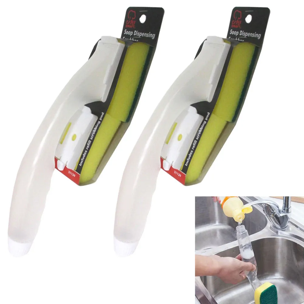 2 Pack Soap Dispenser Scrubber Dish Brush Scrub Refill Washing Pot Pan Kitchen