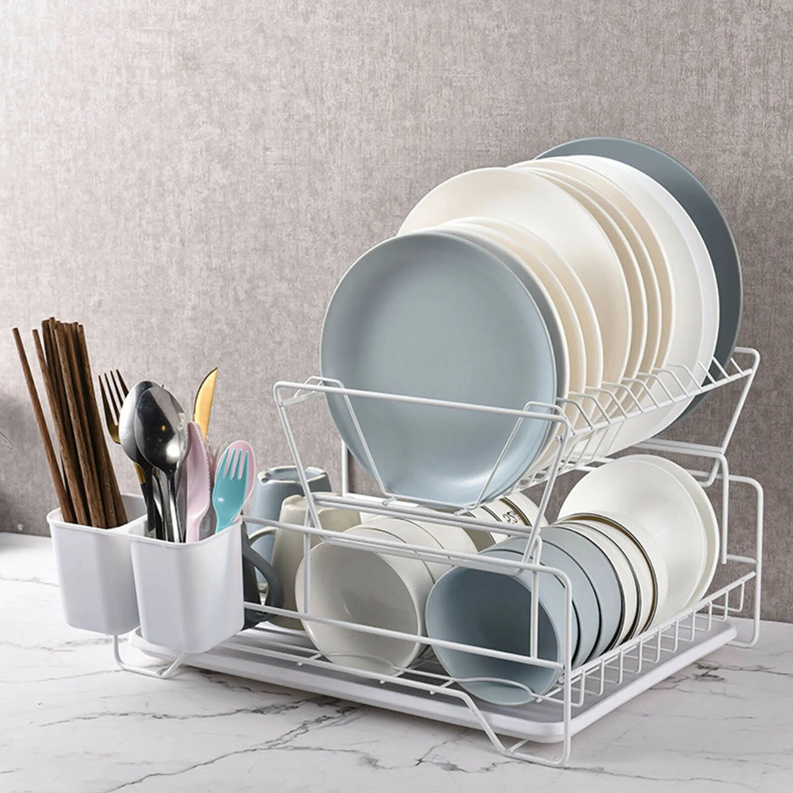 2 Tier Dish Drainer | With Cutlery Holder | White