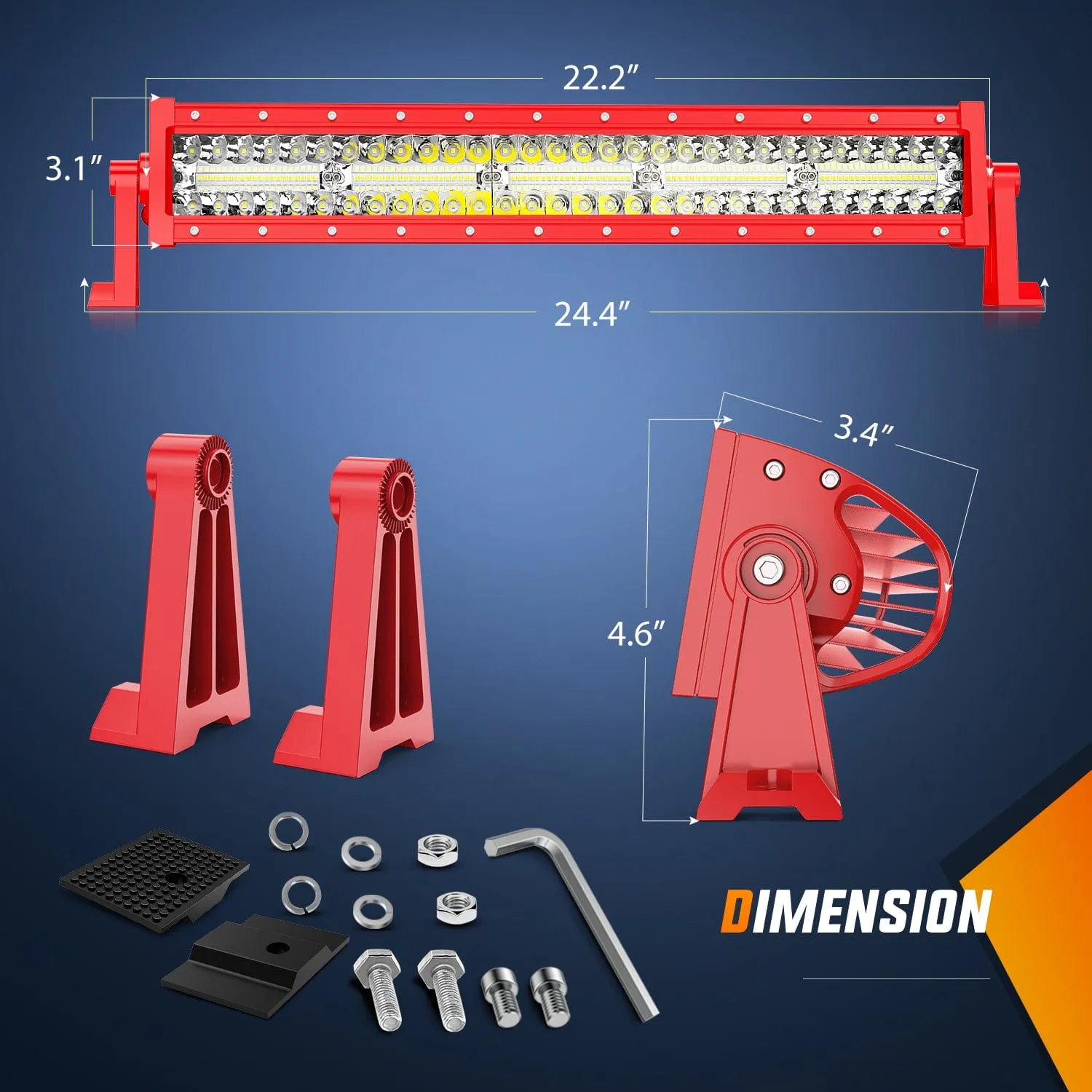 22 Inch 480W 28800LM Triple Row Red Shell Spot Flood Led Light Bar | 16AWG Wire 5Pin Switch