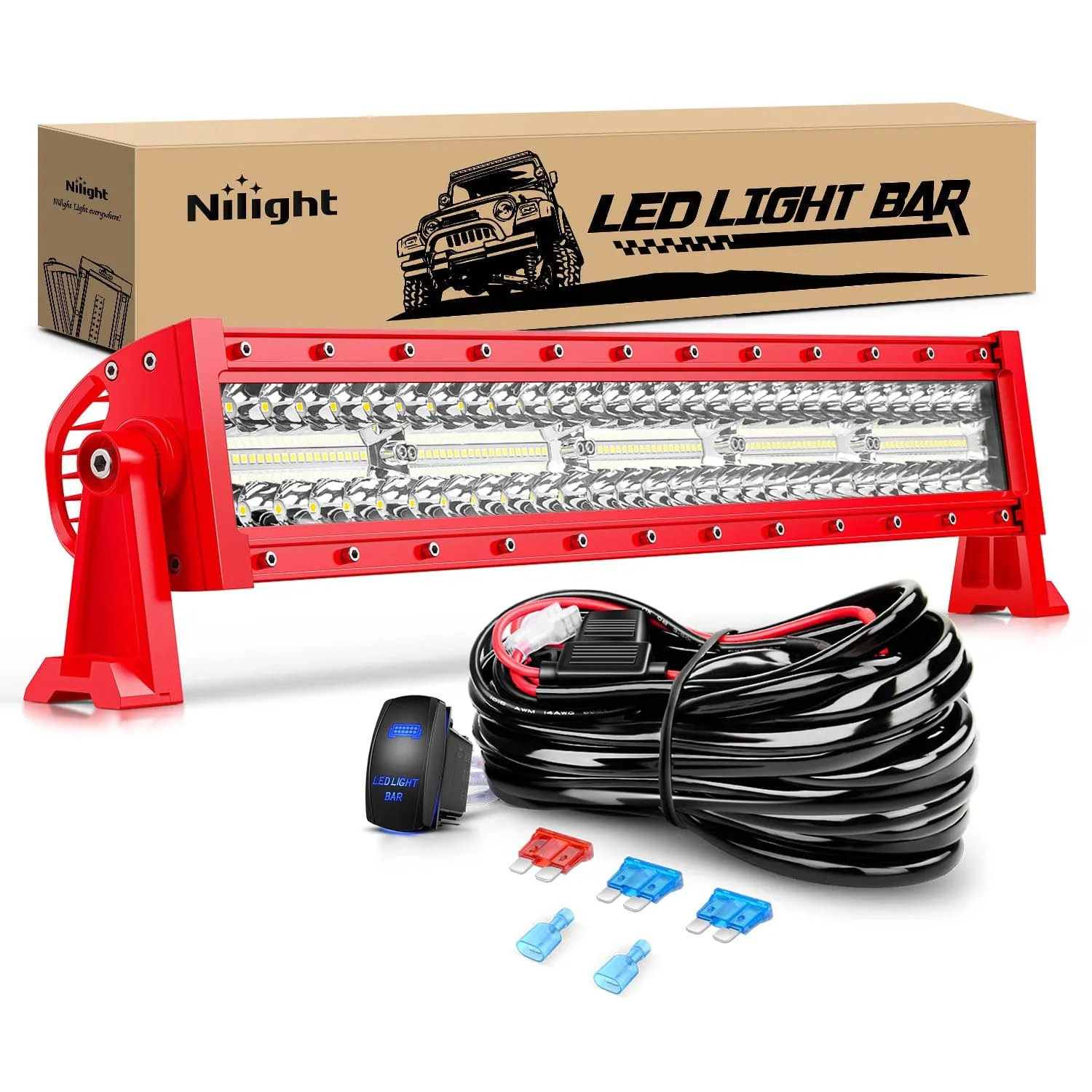 22 Inch 480W 28800LM Triple Row Red Shell Spot Flood Led Light Bar | 16AWG Wire 5Pin Switch