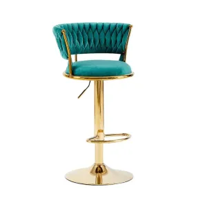 2x Adjustable Swivel Bar Stools | Velvet Upholstery | Gold Base | Padded Seat | Green
