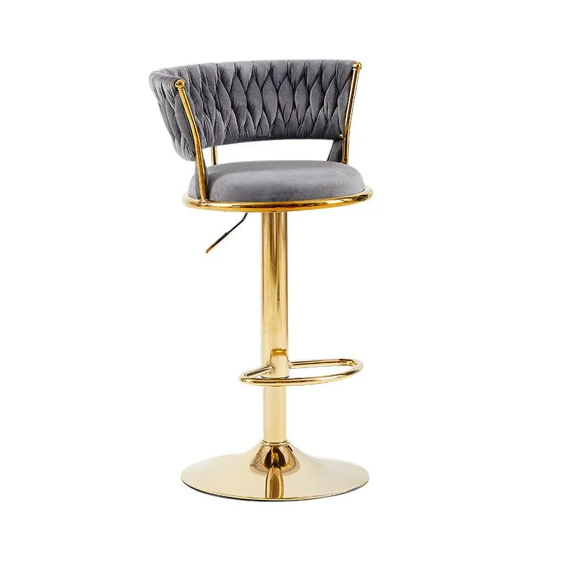 2x Adjustable Swivel Bar Stools | Velvet Upholstery | Gold Base | Padded Seat | Grey
