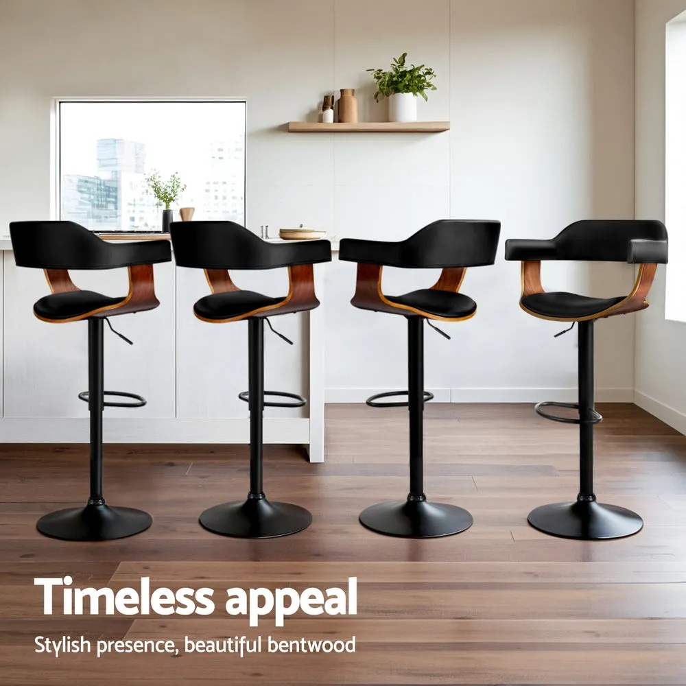 4x Bar Stools | Gas Lift | Leather w/Armrest | All Black