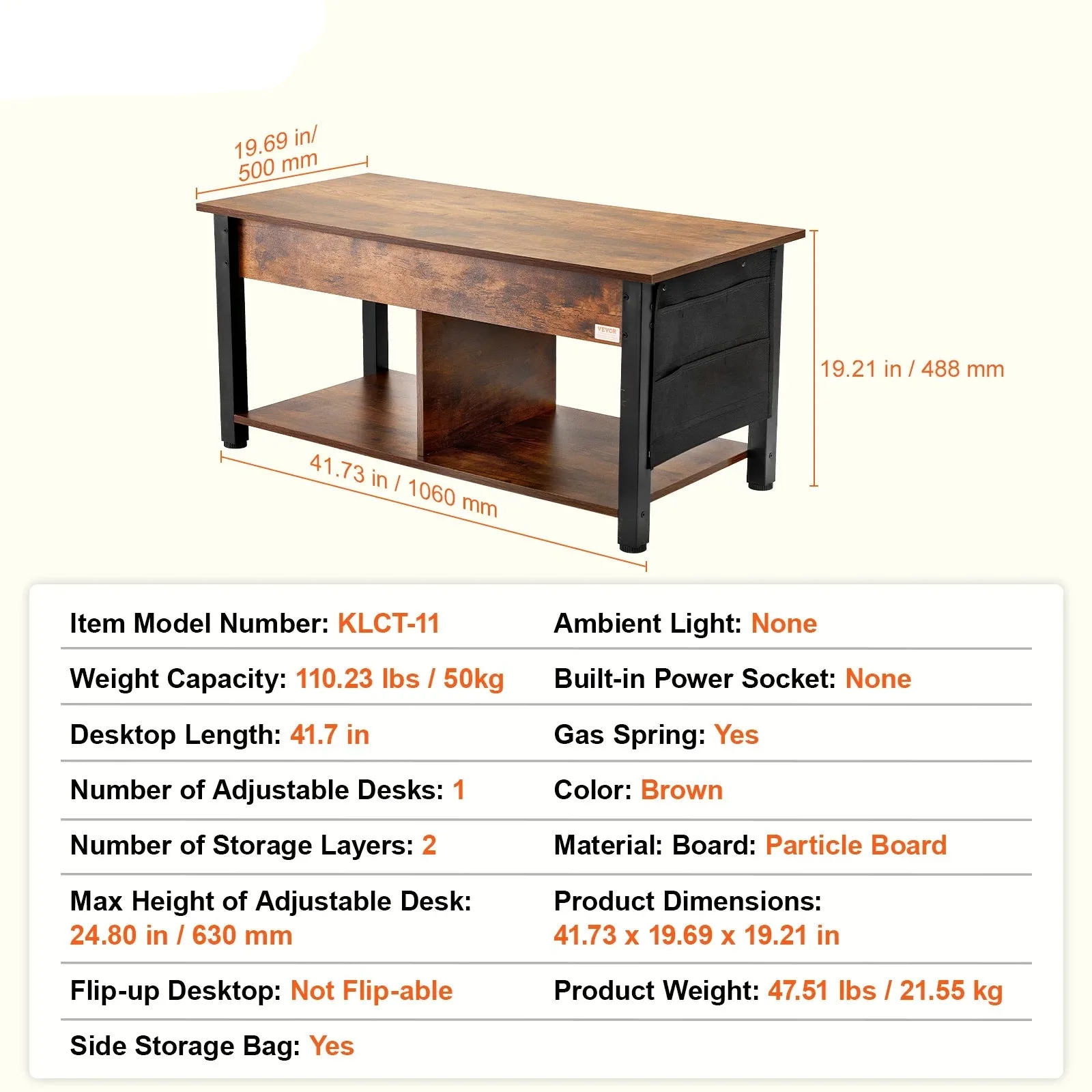 Flipable Coffee Table With Extra Storage Pockets For Living Room