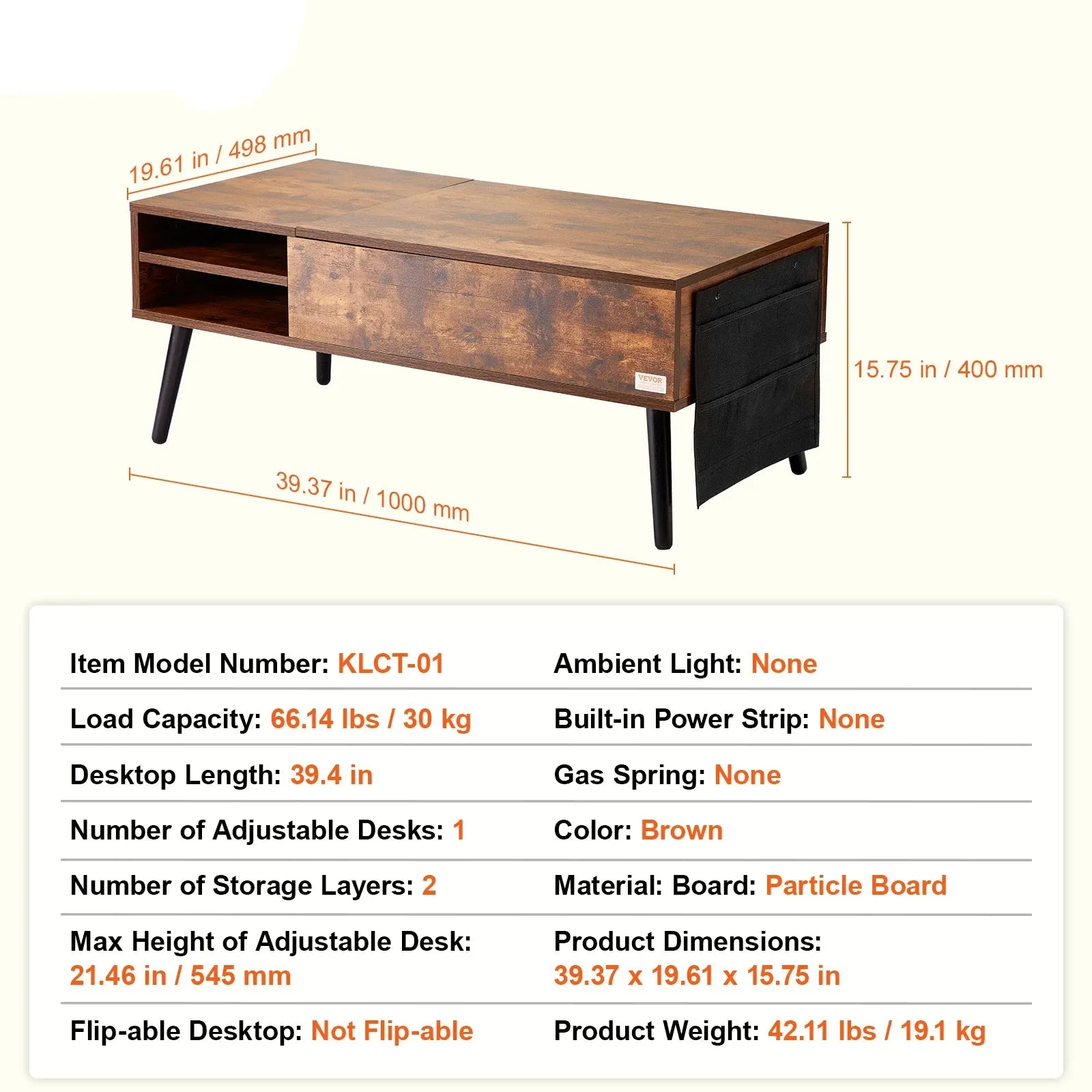 Flipable Coffee Table With Extra Storage Pockets For Living Room