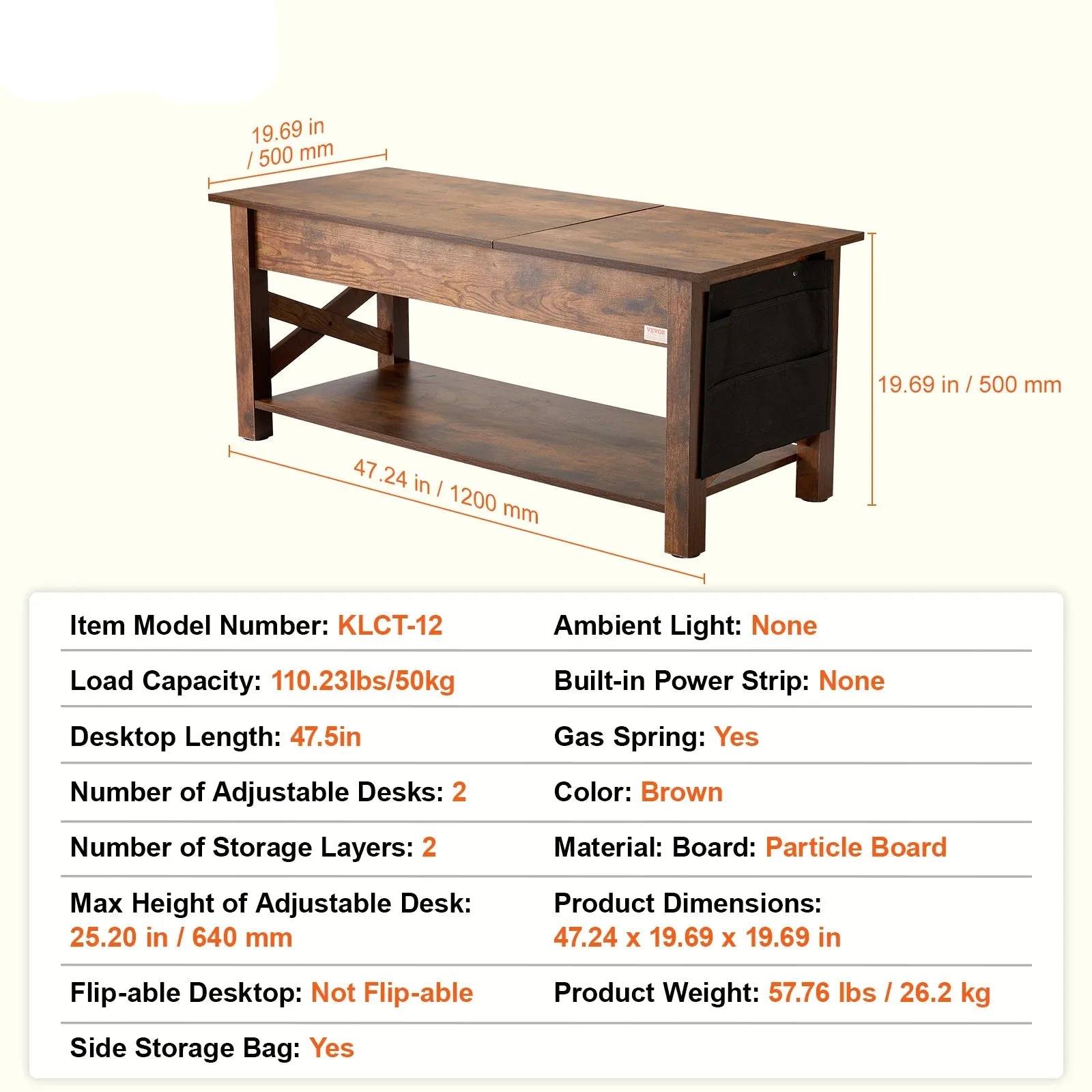 Flipable Coffee Table With Extra Storage Pockets For Living Room