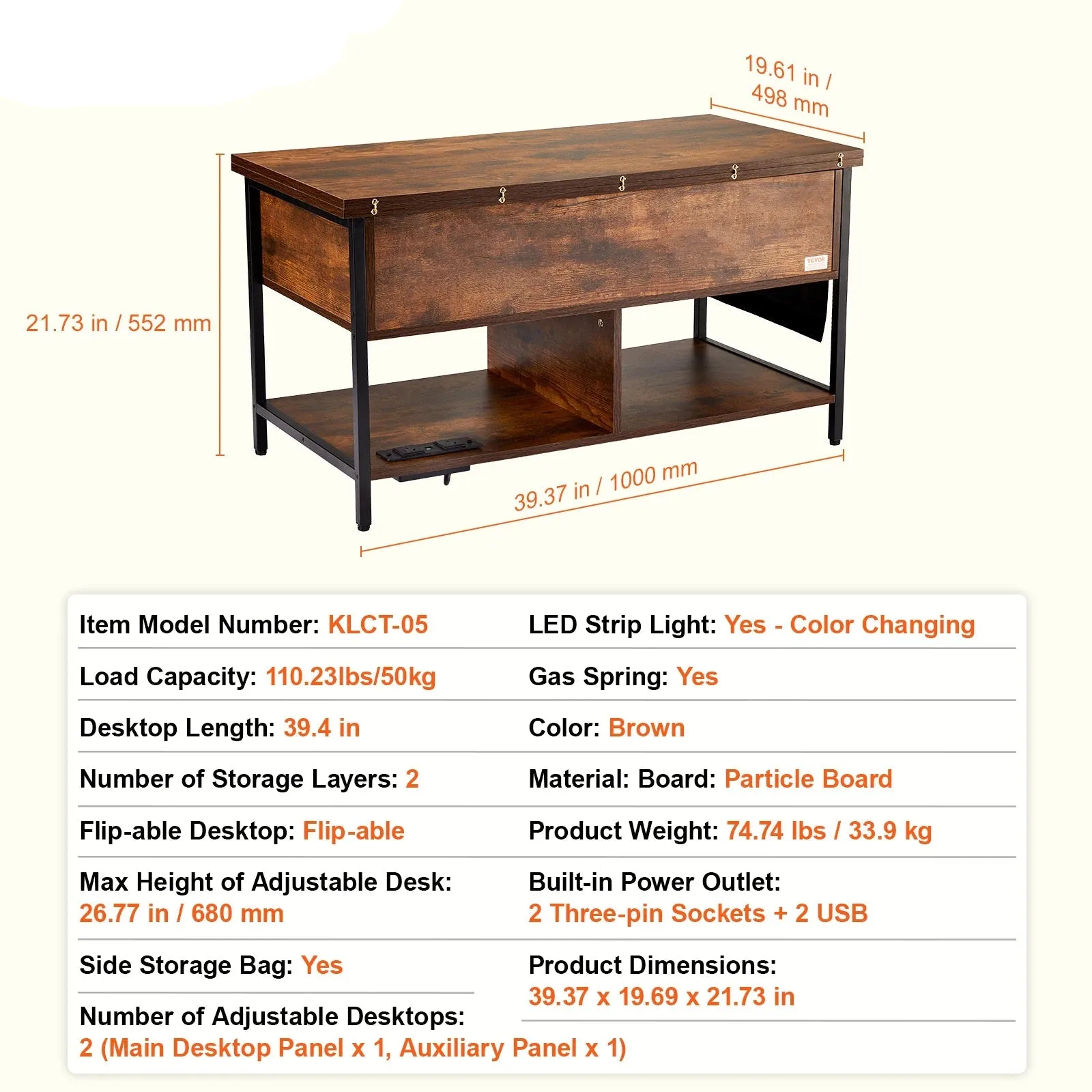 Flipable Coffee Table With Extra Storage Pockets For Living Room