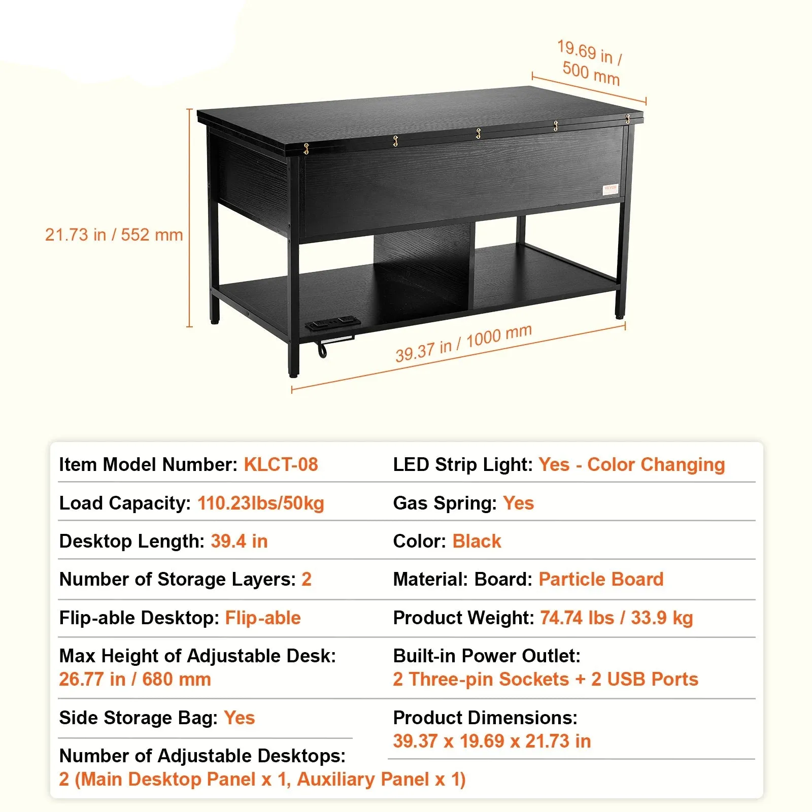 Flipable Coffee Table With Extra Storage Pockets For Living Room