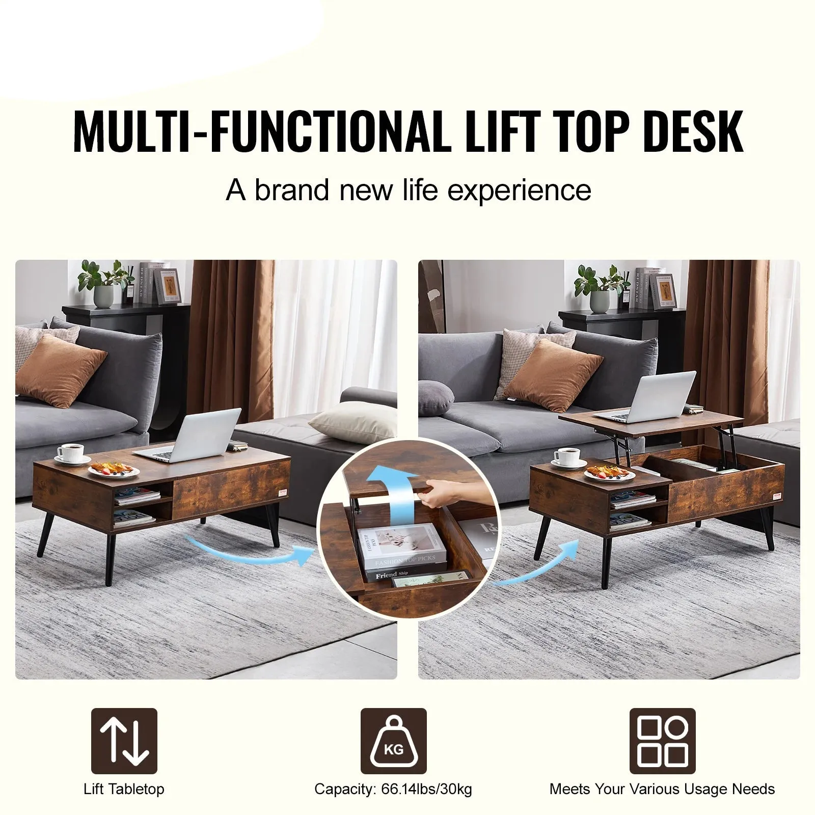 Flipable Coffee Table With Extra Storage Pockets For Living Room
