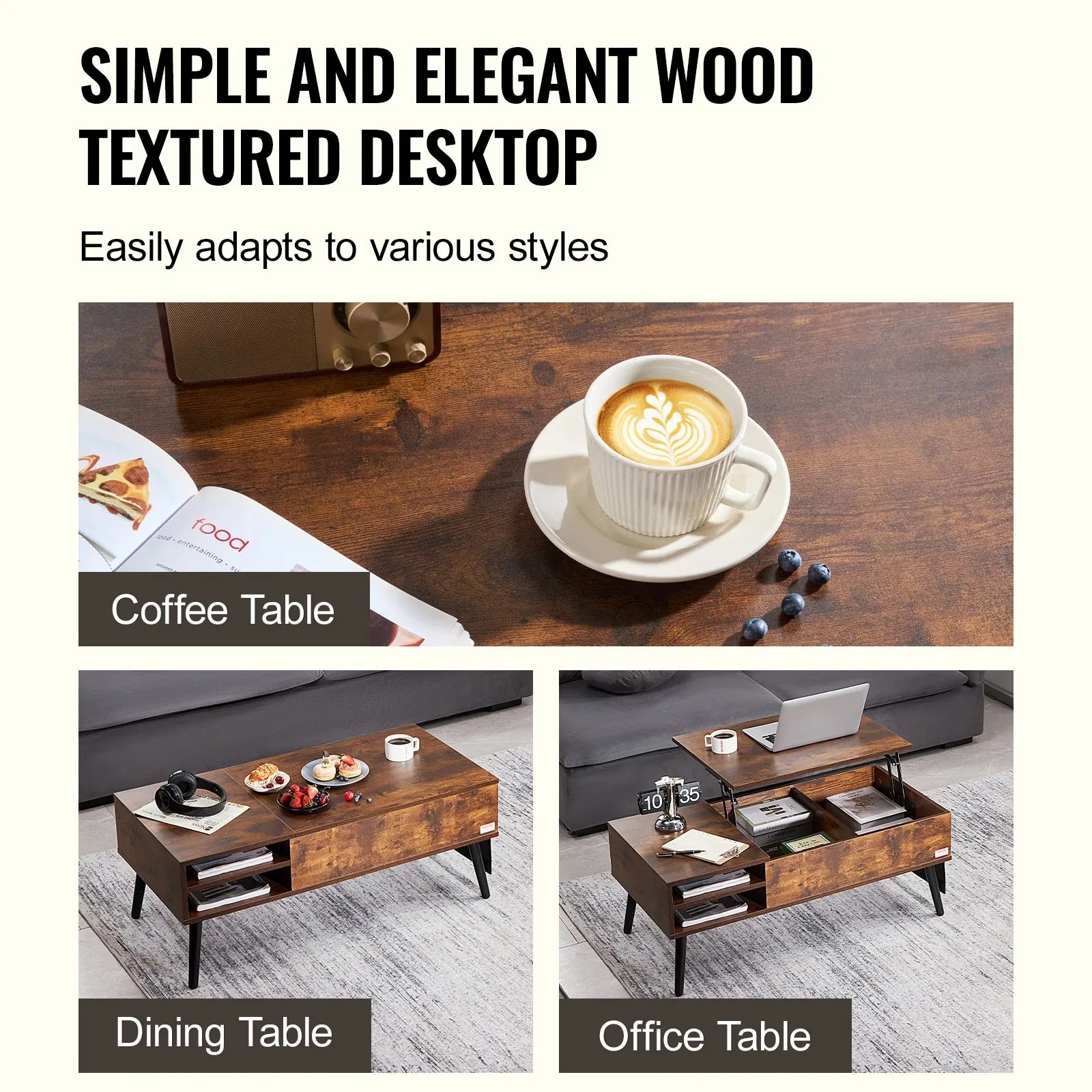 Flipable Coffee Table With Extra Storage Pockets For Living Room