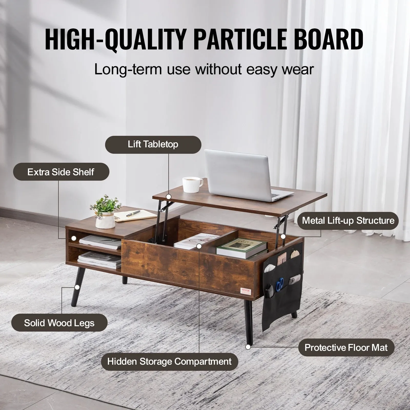 Flipable Coffee Table With Extra Storage Pockets For Living Room