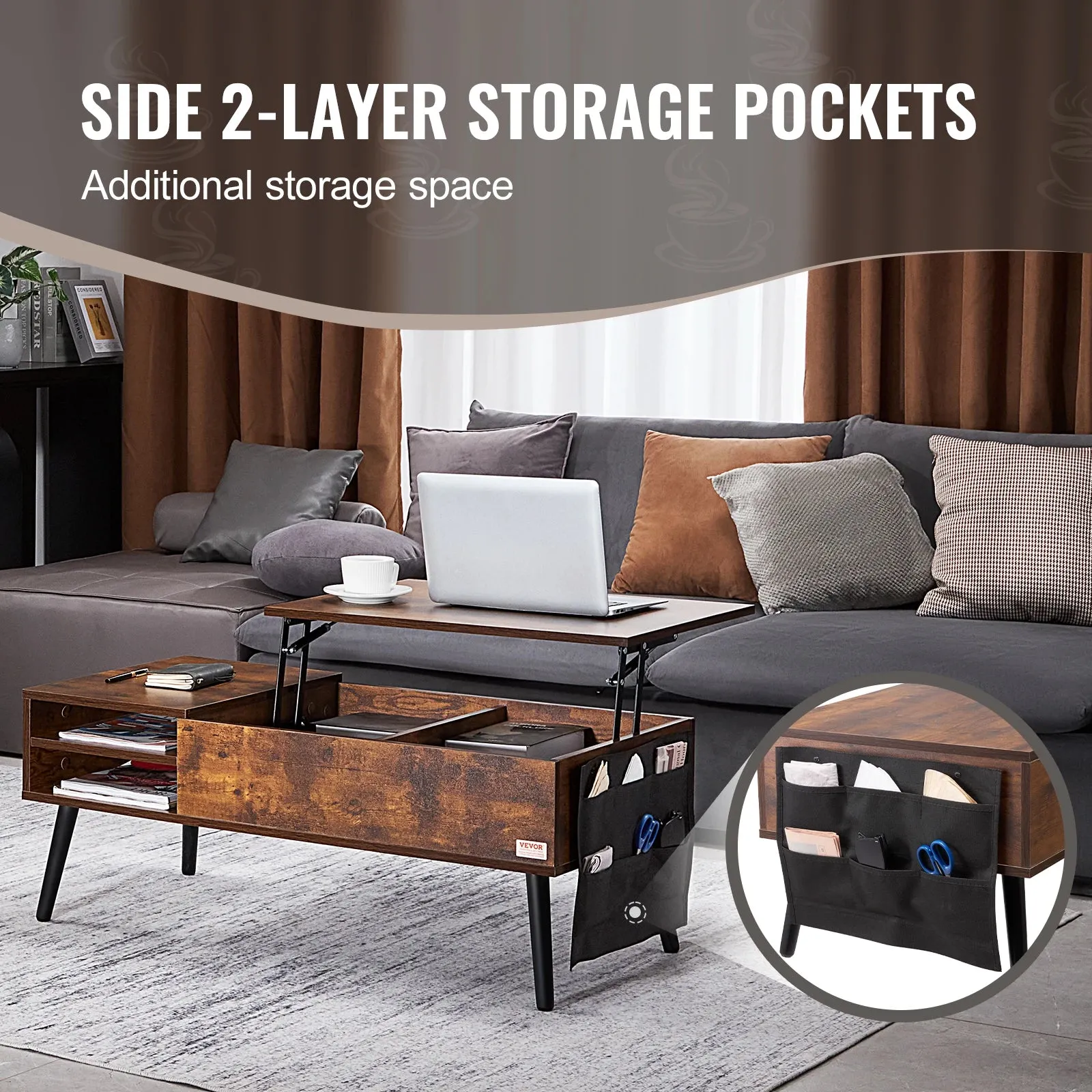 Flipable Coffee Table With Extra Storage Pockets For Living Room