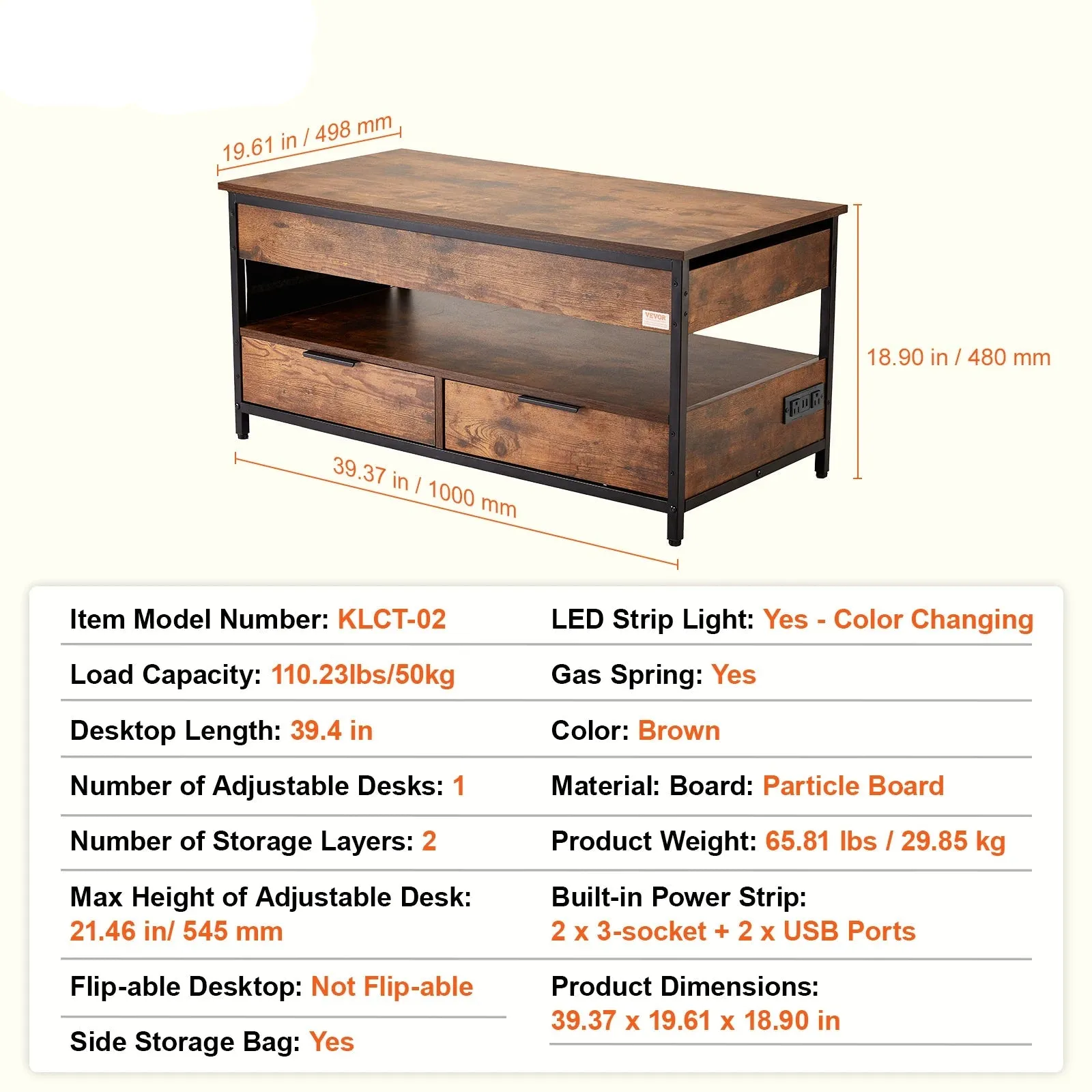 Flipable Coffee Table With Extra Storage Pockets For Living Room