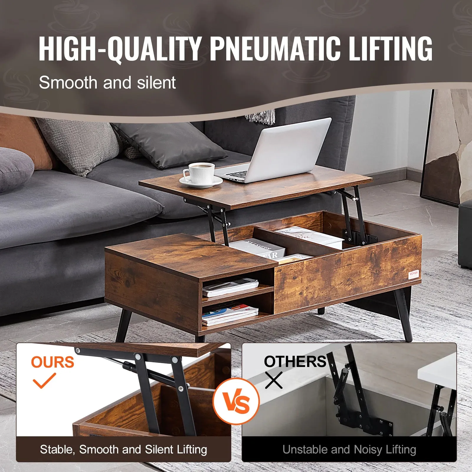 Flipable Coffee Table With Extra Storage Pockets For Living Room