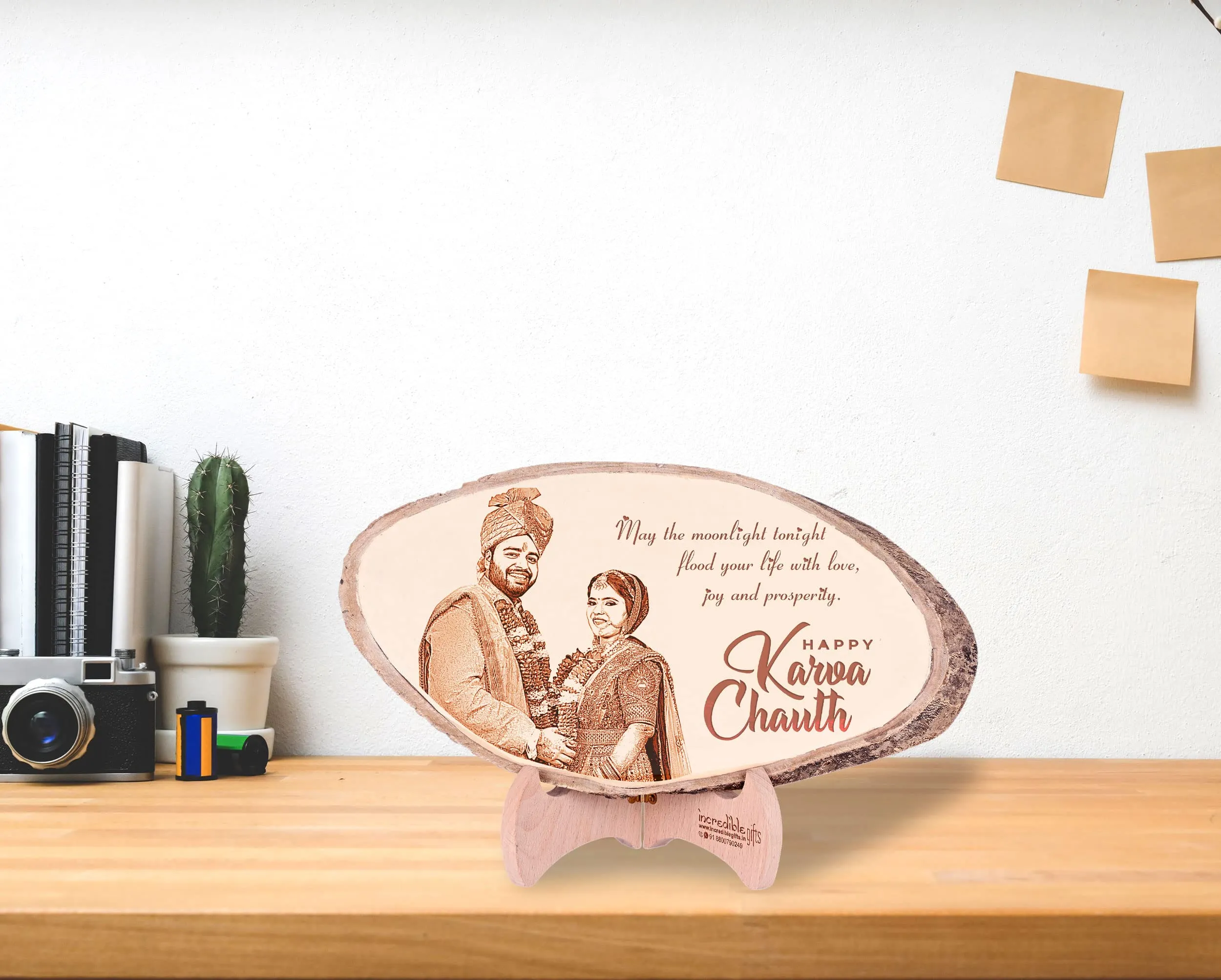 GFTBX Personalized Natural Wood Photo Frame - Customized Engraved Gift For Karwachauth (10-15 Inches)