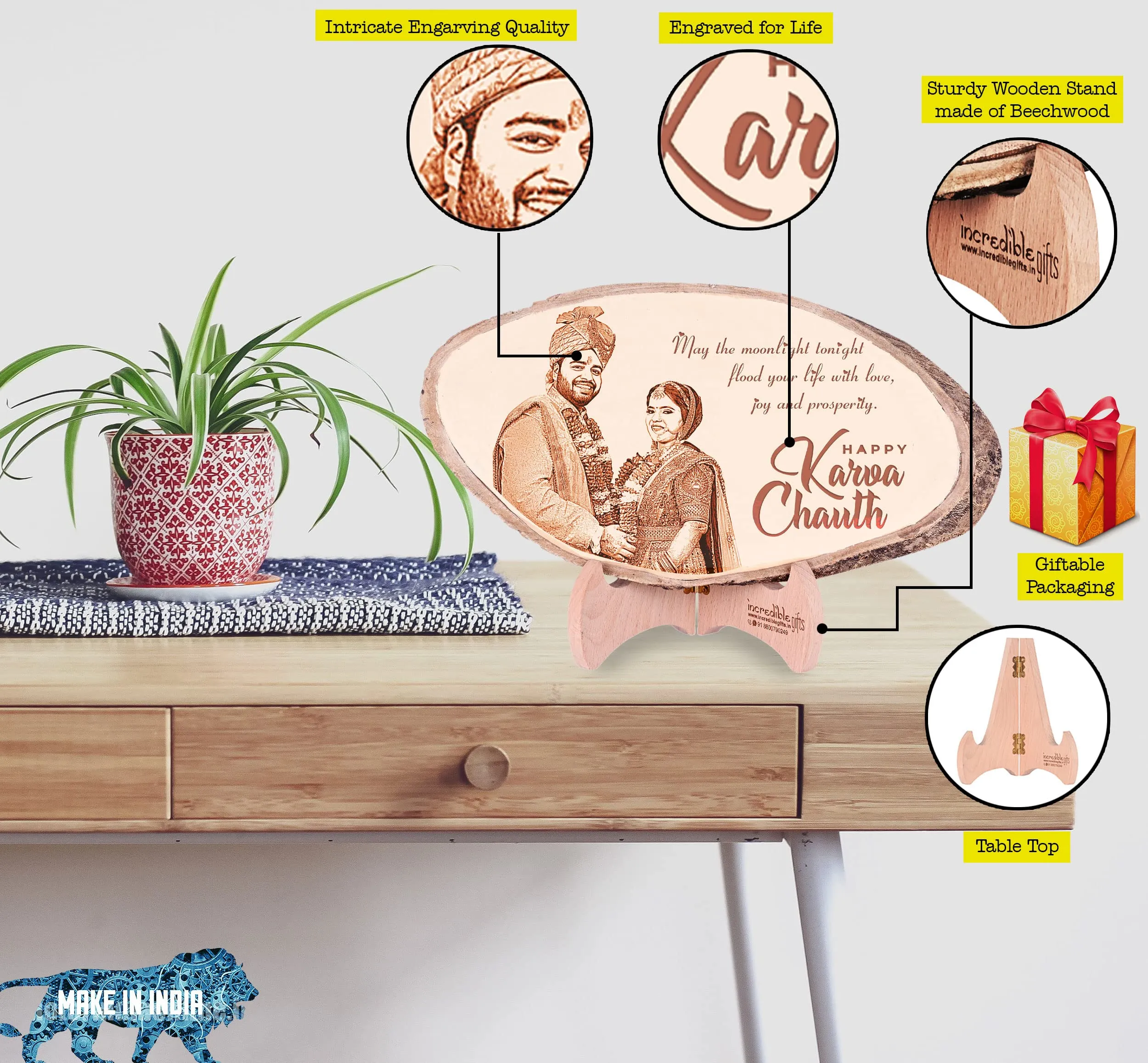 GFTBX Personalized Natural Wood Photo Frame - Customized Engraved Gift For Karwachauth (10-15 Inches)