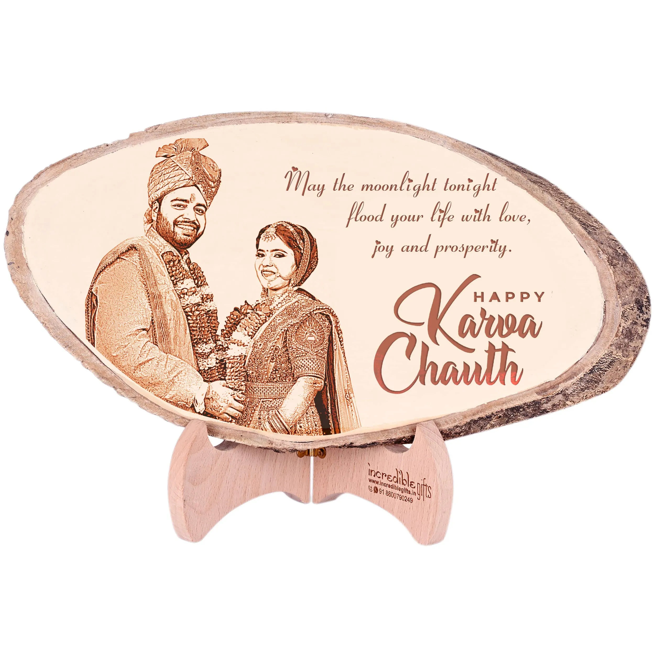 GFTBX Personalized Natural Wood Photo Frame - Customized Engraved Gift For Karwachauth (10-15 Inches)
