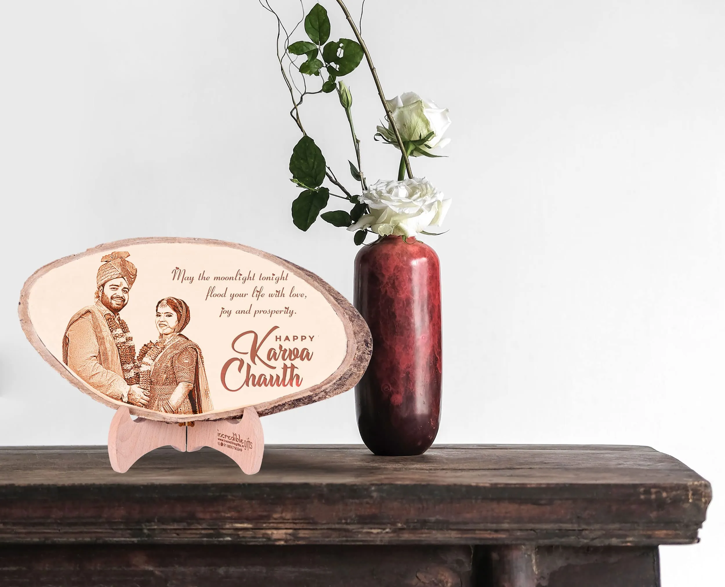 GFTBX Personalized Natural Wood Photo Frame - Customized Engraved Gift For Karwachauth (10-15 Inches)