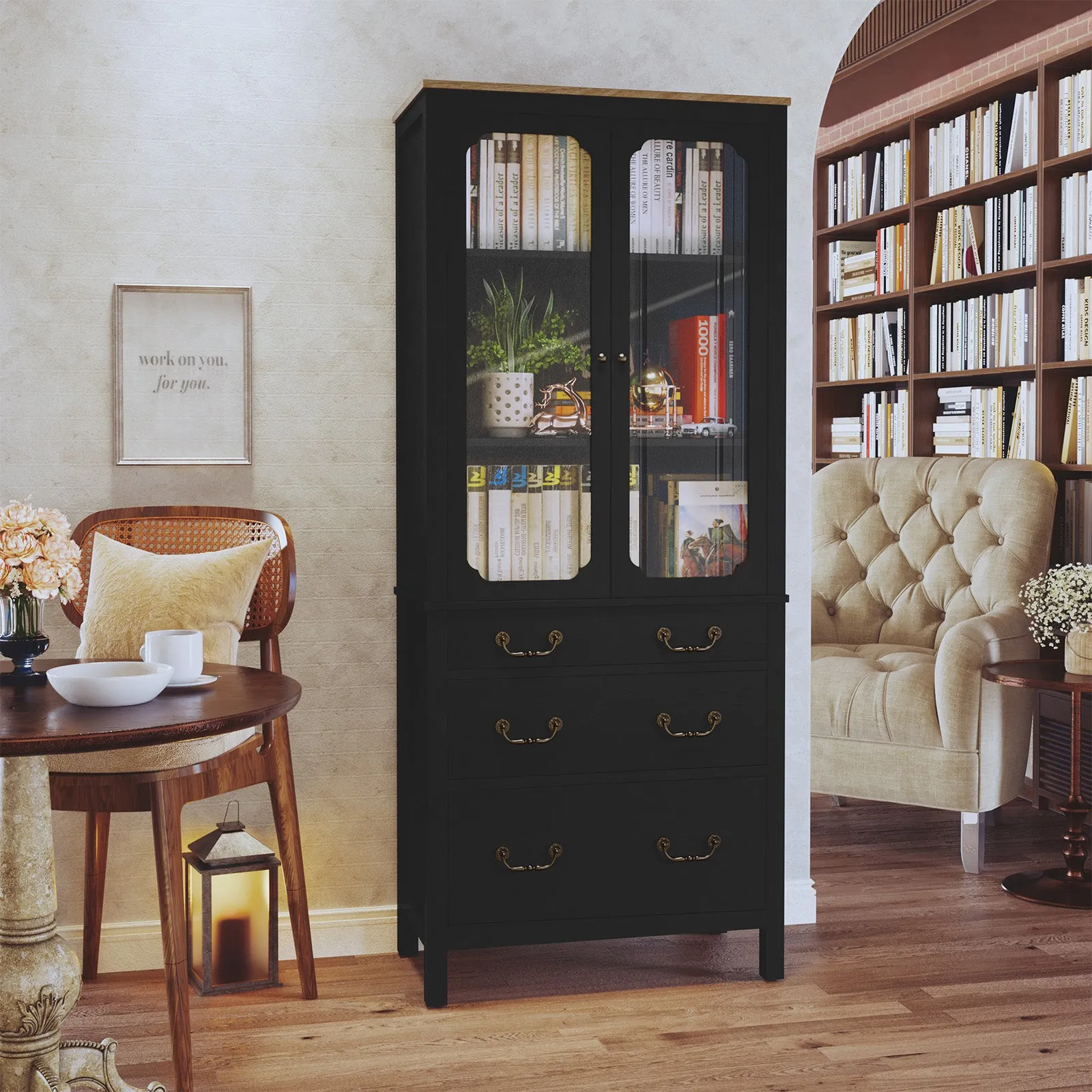 HLR Black Freestanding Tall Pantry Cabinet Tempered Glass Doors & Adjustable Shelves Utility Storage Cabinet for Kitchen, Living & Dining Room