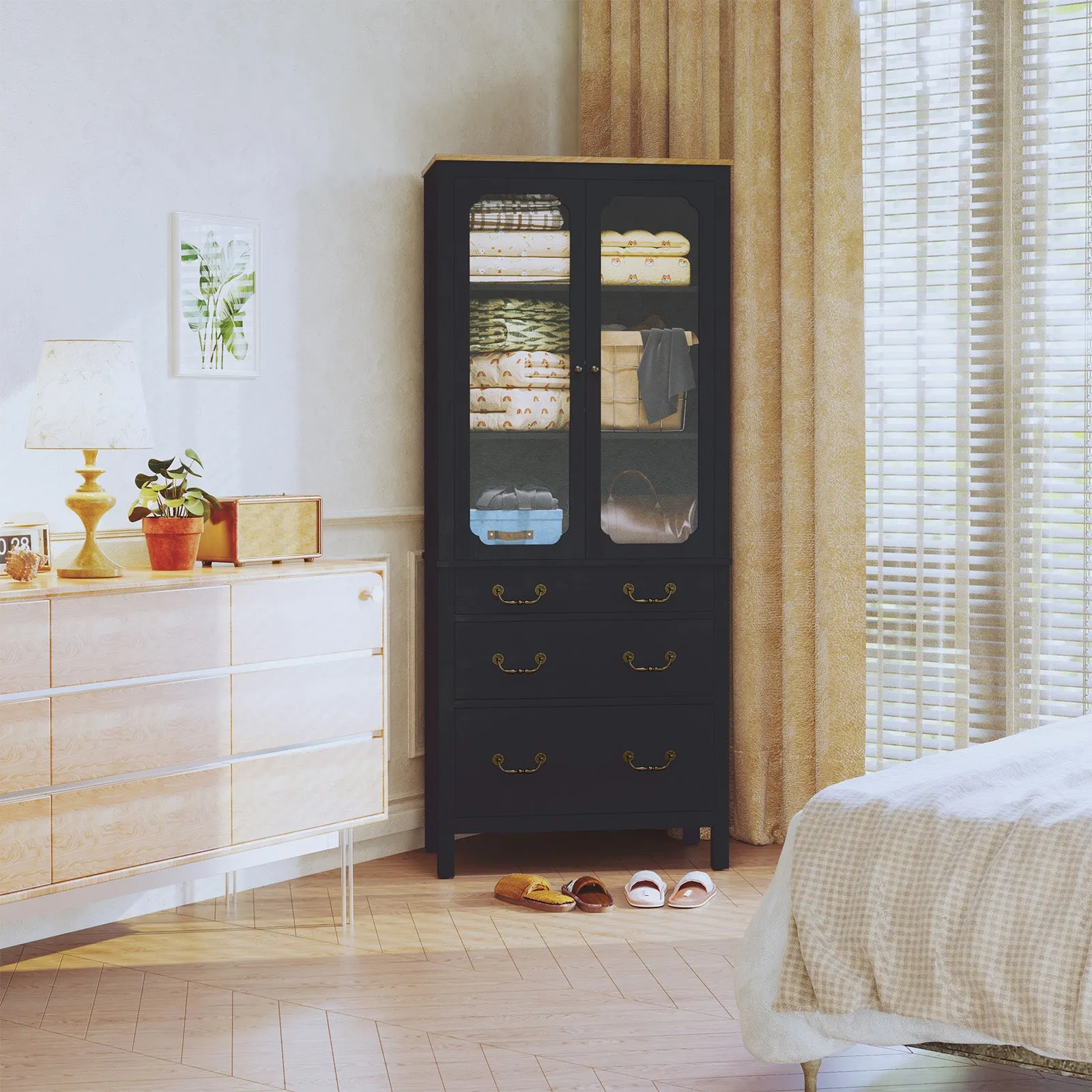 HLR Black Freestanding Tall Pantry Cabinet Tempered Glass Doors & Adjustable Shelves Utility Storage Cabinet for Kitchen, Living & Dining Room