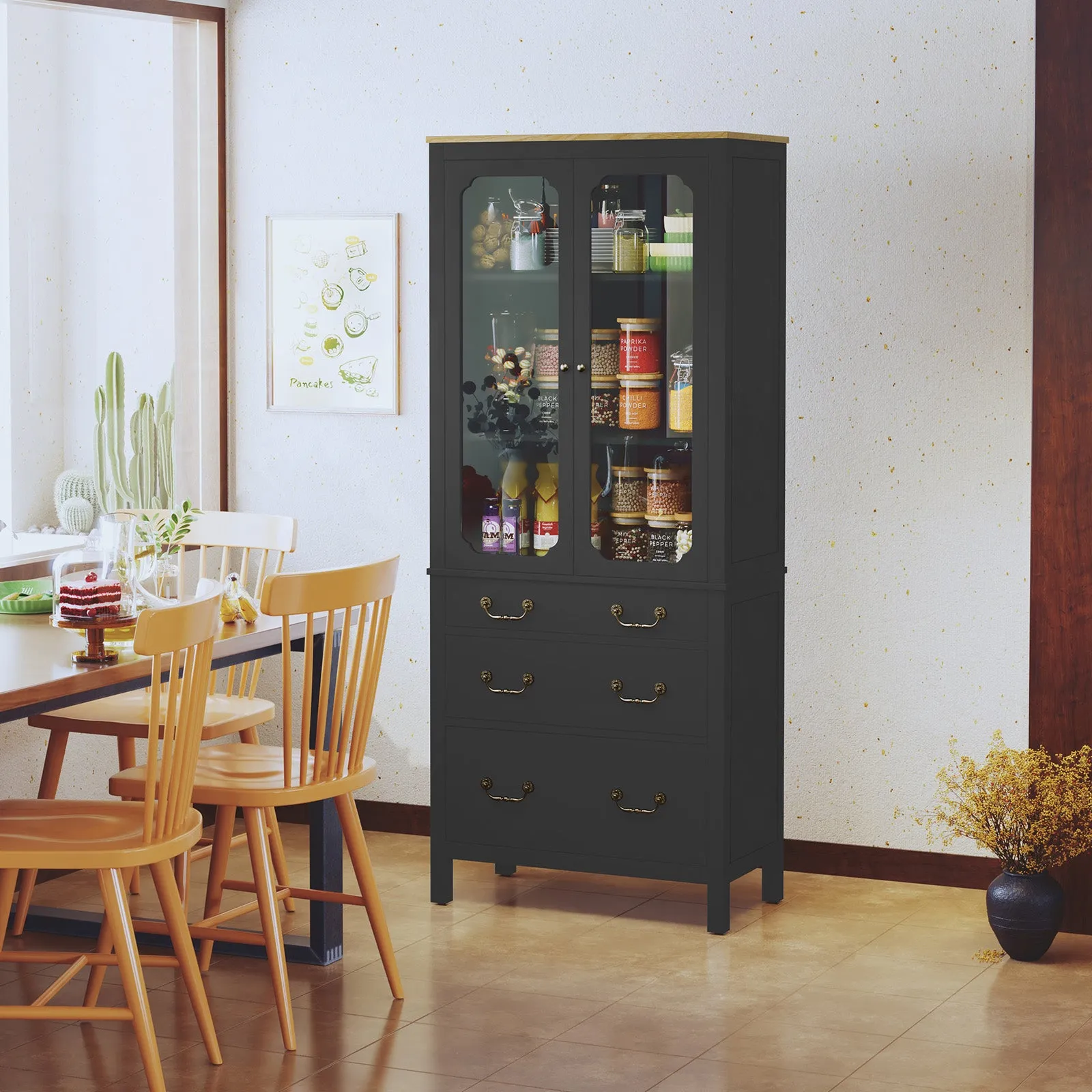 HLR Black Freestanding Tall Pantry Cabinet Tempered Glass Doors & Adjustable Shelves Utility Storage Cabinet for Kitchen, Living & Dining Room