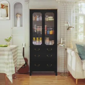HLR Black Freestanding Tall Pantry Cabinet Tempered Glass Doors & Adjustable Shelves Utility Storage Cabinet for Kitchen, Living & Dining Room