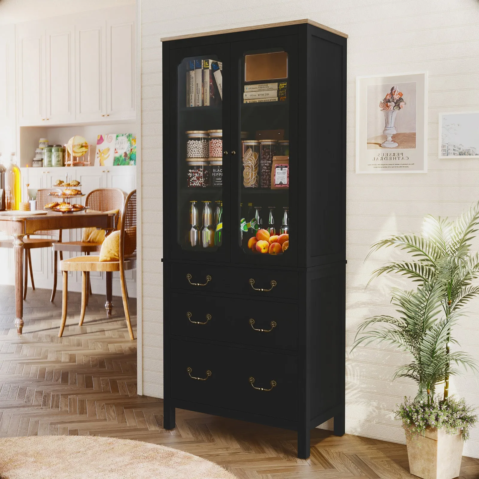 HLR Black Freestanding Tall Pantry Cabinet Tempered Glass Doors & Adjustable Shelves Utility Storage Cabinet for Kitchen, Living & Dining Room