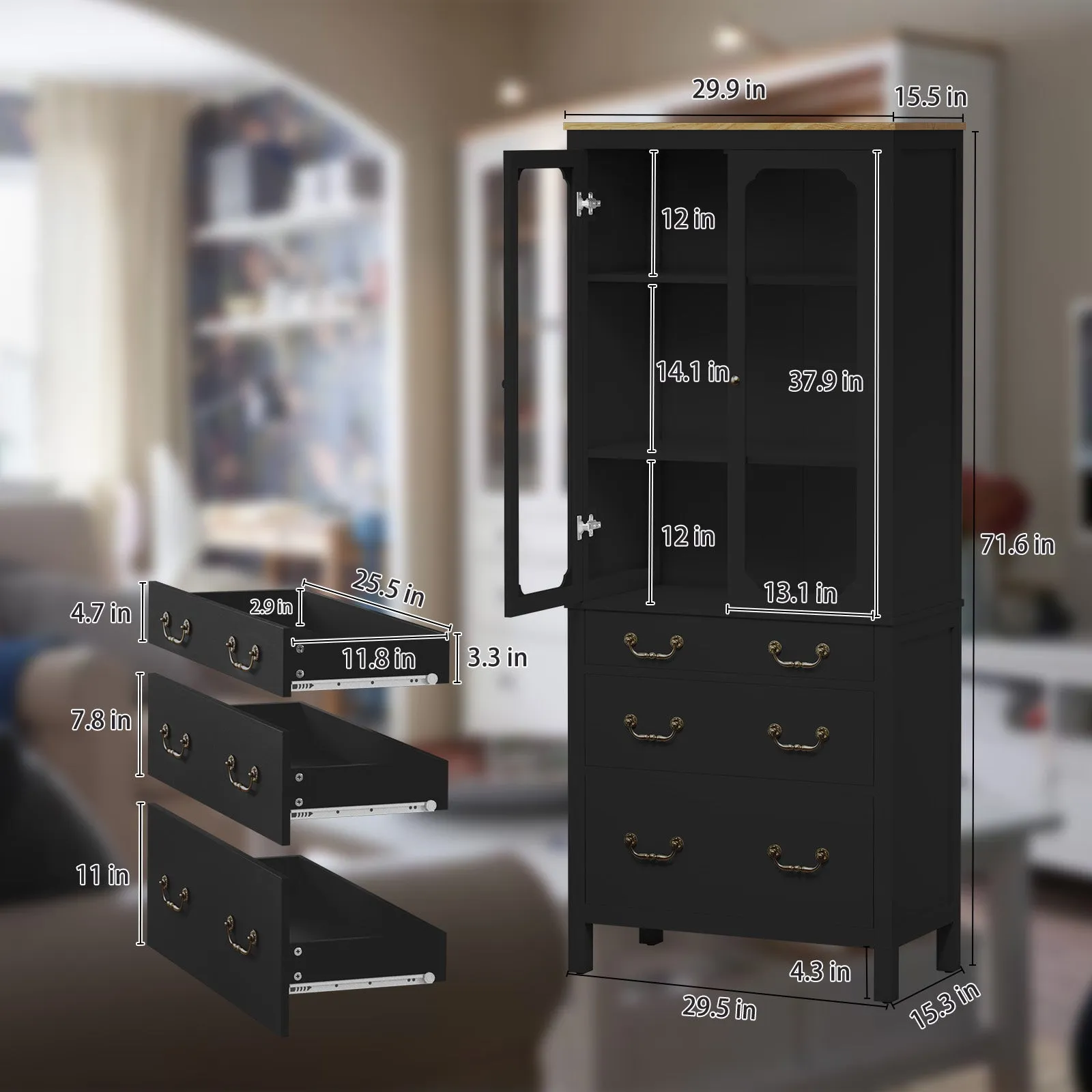 HLR Black Freestanding Tall Pantry Cabinet Tempered Glass Doors & Adjustable Shelves Utility Storage Cabinet for Kitchen, Living & Dining Room