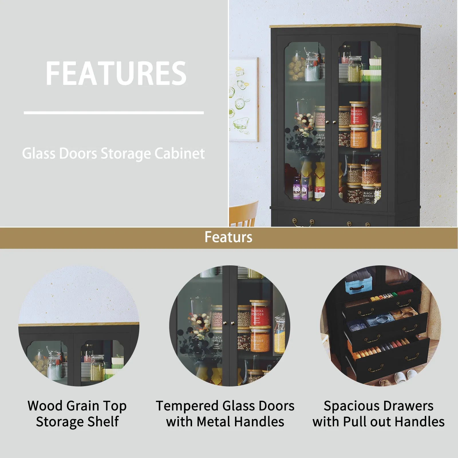 HLR Black Freestanding Tall Pantry Cabinet Tempered Glass Doors & Adjustable Shelves Utility Storage Cabinet for Kitchen, Living & Dining Room