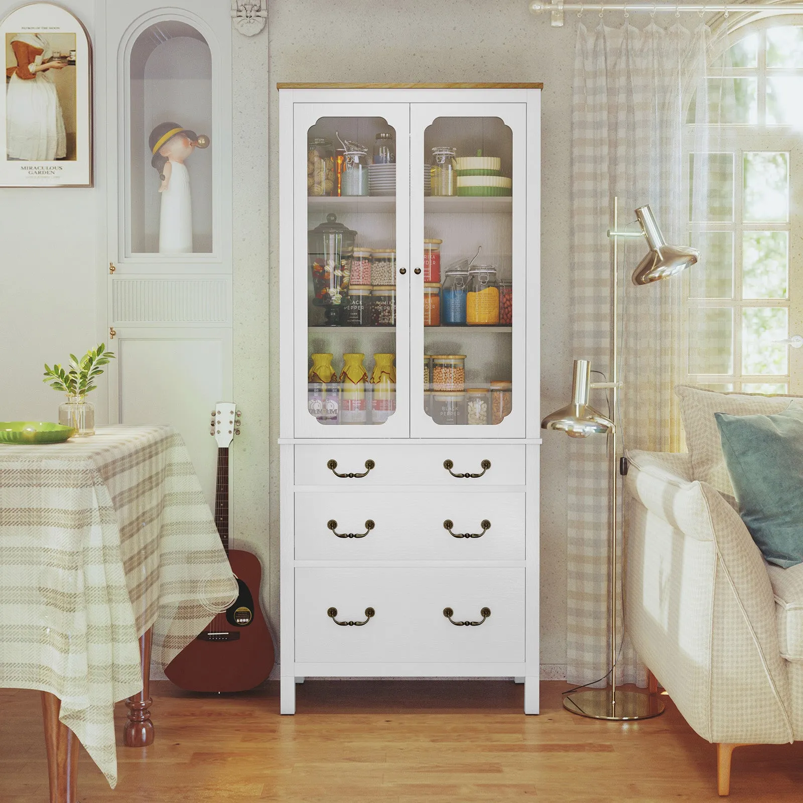 HLR Black Freestanding Tall Pantry Cabinet Tempered Glass Doors & Adjustable Shelves Utility Storage Cabinet for Kitchen, Living & Dining Room