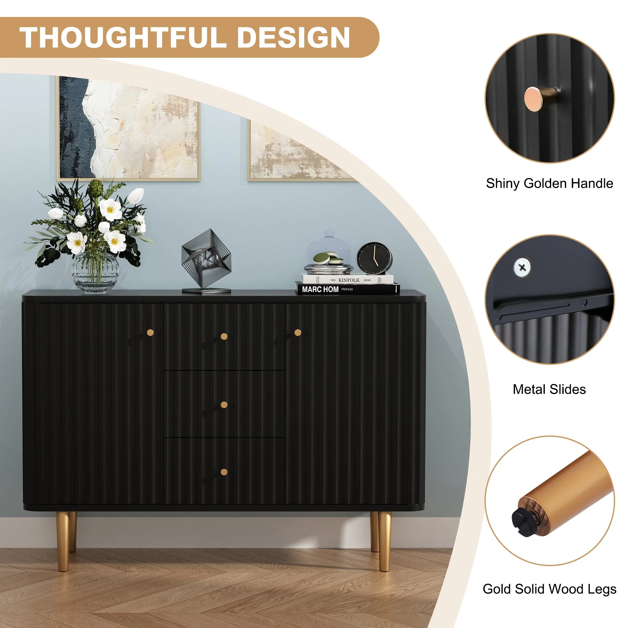 HLR Black Modern Fluted Accent Sideboard Buffet with Drawers & Storage Cabinet  Stylish Organizer for Entryway, Kitchen & Living Room