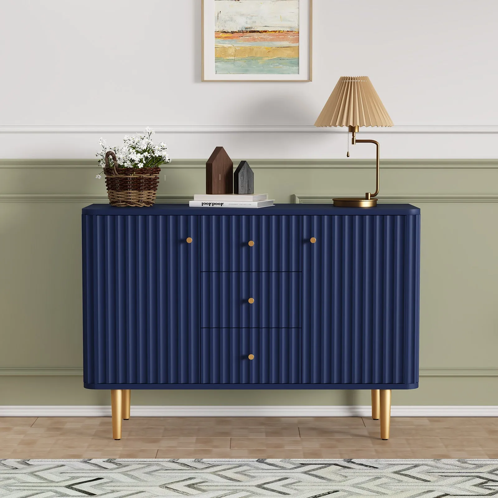 HLR Black Modern Fluted Accent Sideboard Buffet with Drawers & Storage Cabinet  Stylish Organizer for Entryway, Kitchen & Living Room