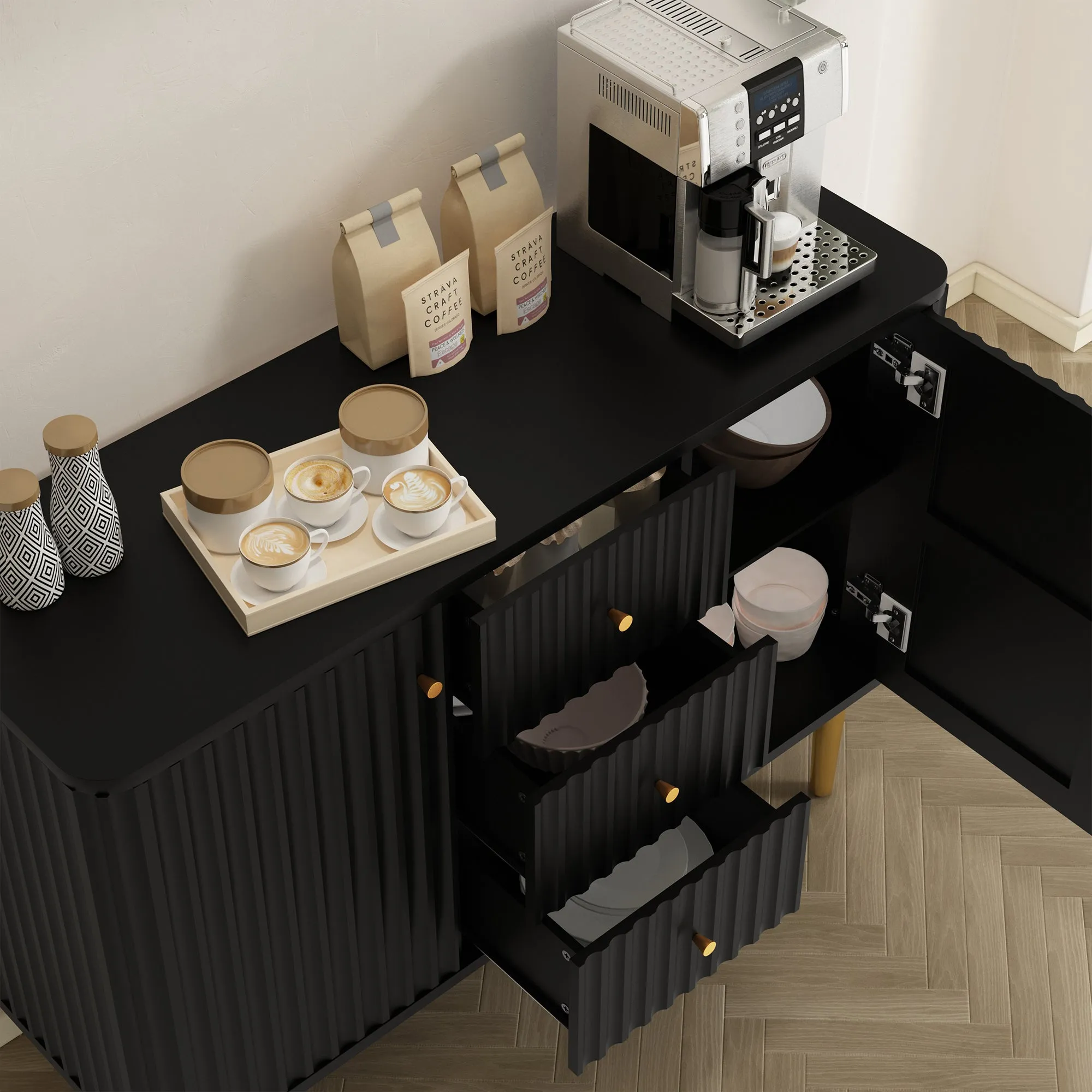 HLR Black Modern Fluted Accent Sideboard Buffet with Drawers & Storage Cabinet  Stylish Organizer for Entryway, Kitchen & Living Room