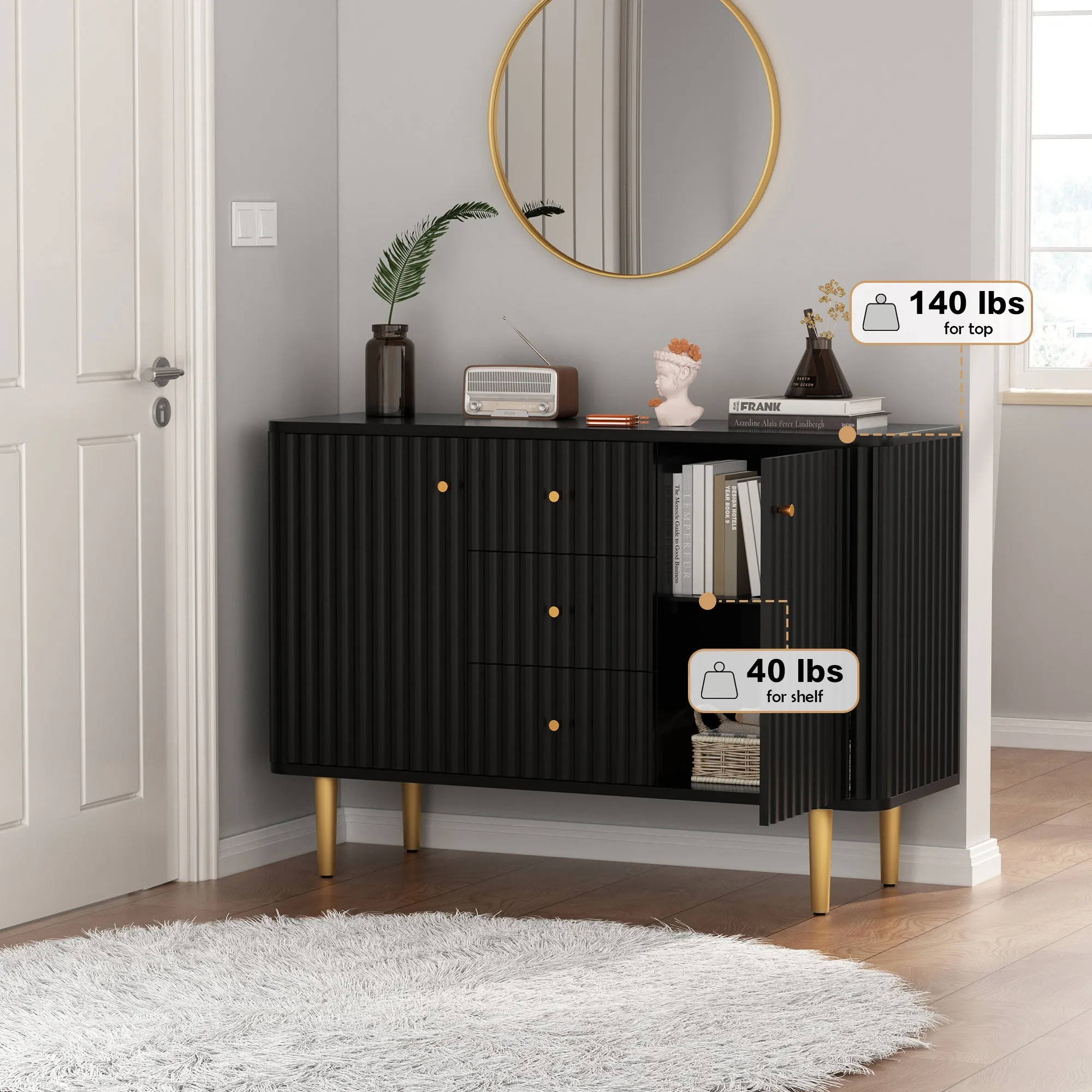 HLR Black Modern Fluted Accent Sideboard Buffet with Drawers & Storage Cabinet  Stylish Organizer for Entryway, Kitchen & Living Room