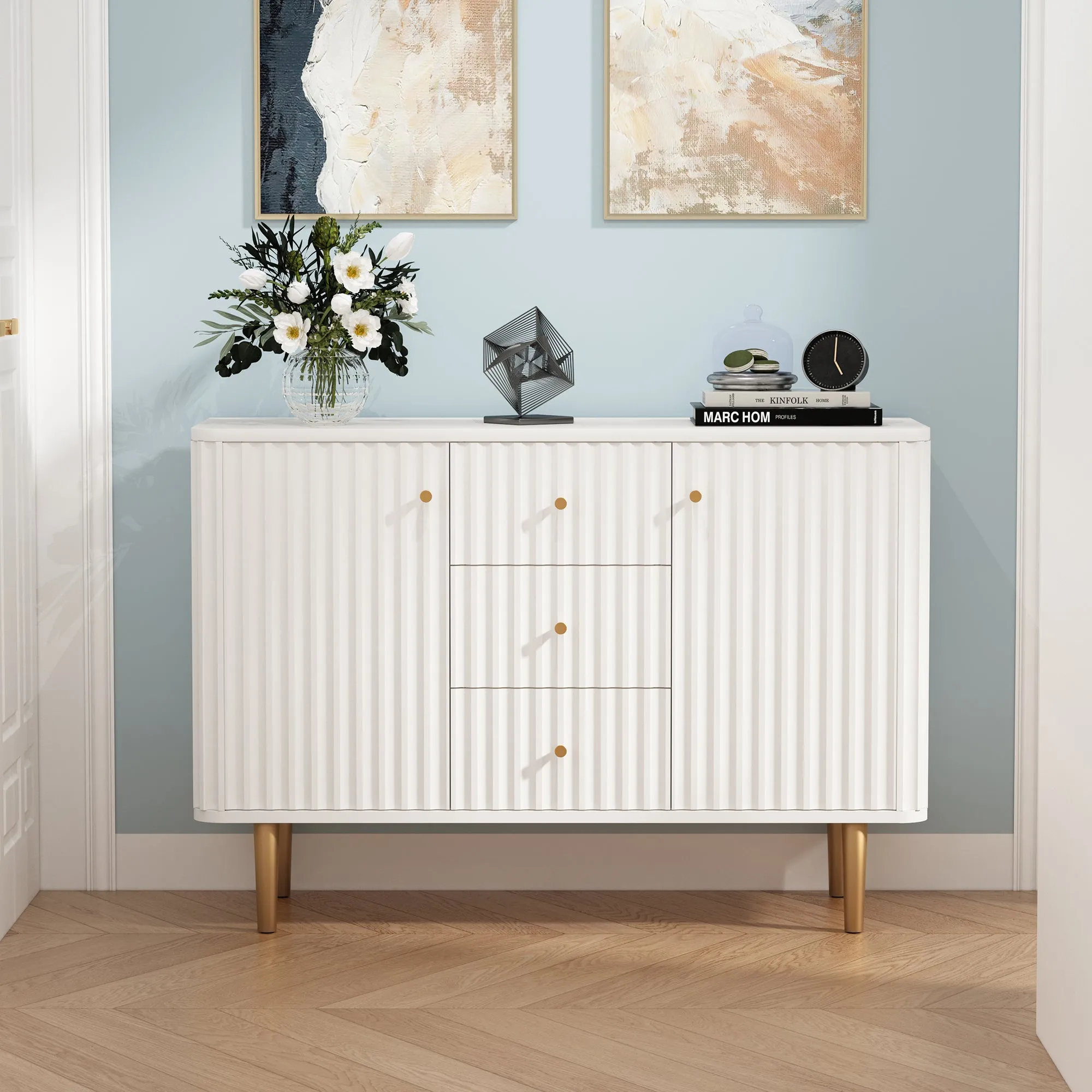 HLR Black Modern Fluted Accent Sideboard Buffet with Drawers & Storage Cabinet  Stylish Organizer for Entryway, Kitchen & Living Room