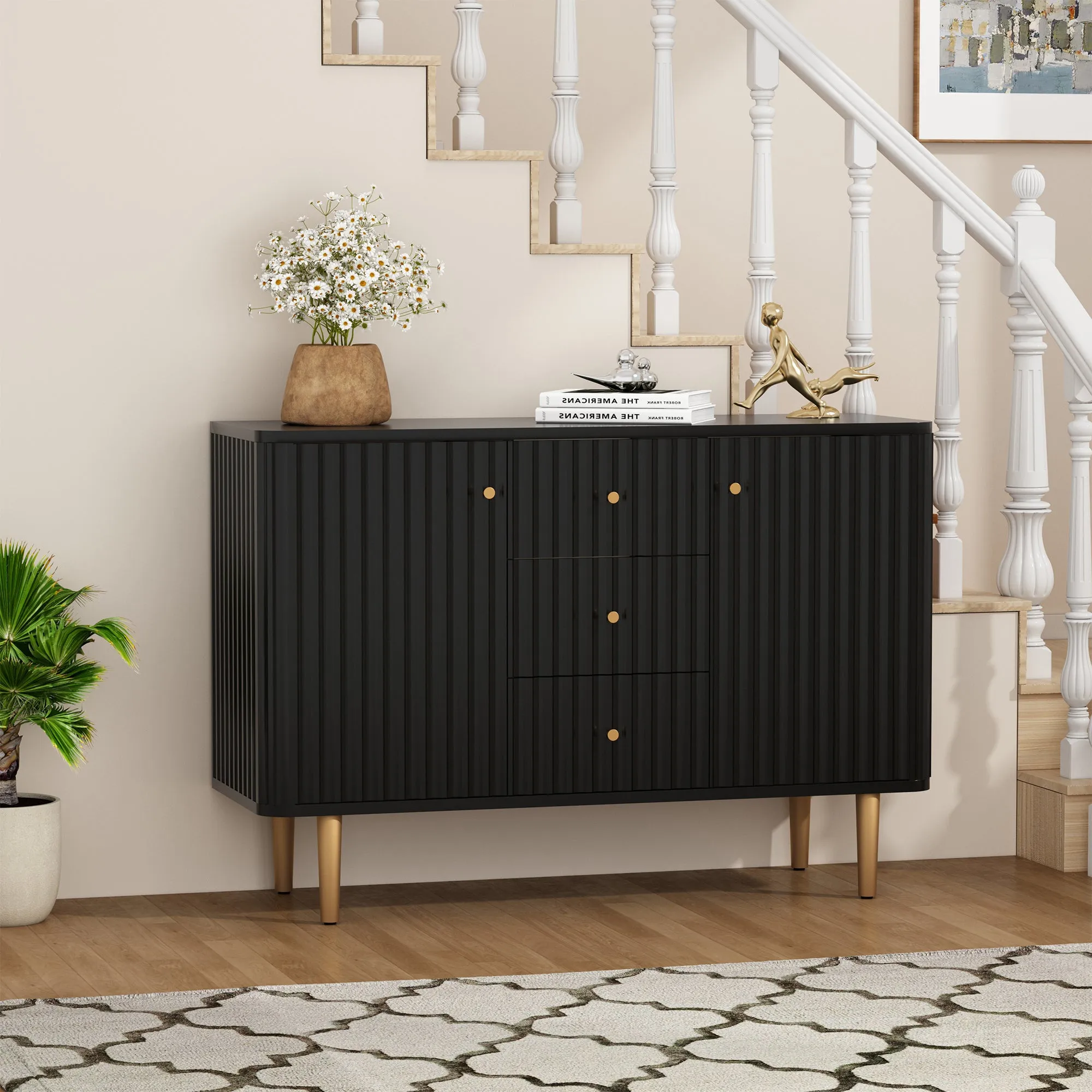 HLR Black Modern Fluted Accent Sideboard Buffet with Drawers & Storage Cabinet  Stylish Organizer for Entryway, Kitchen & Living Room