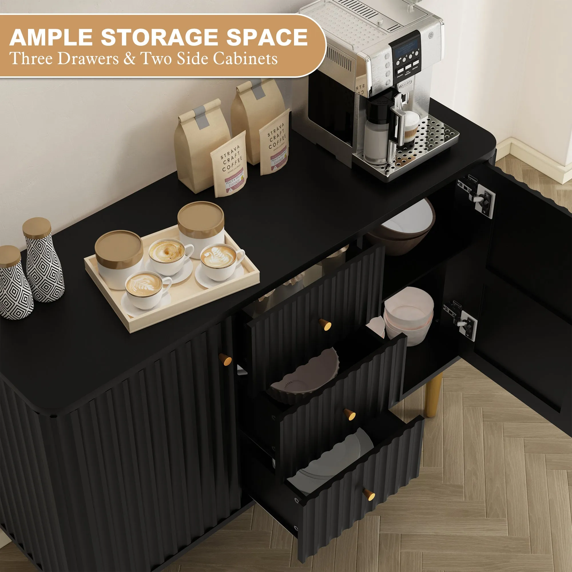 HLR Black Modern Fluted Accent Sideboard Buffet with Drawers & Storage Cabinet  Stylish Organizer for Entryway, Kitchen & Living Room