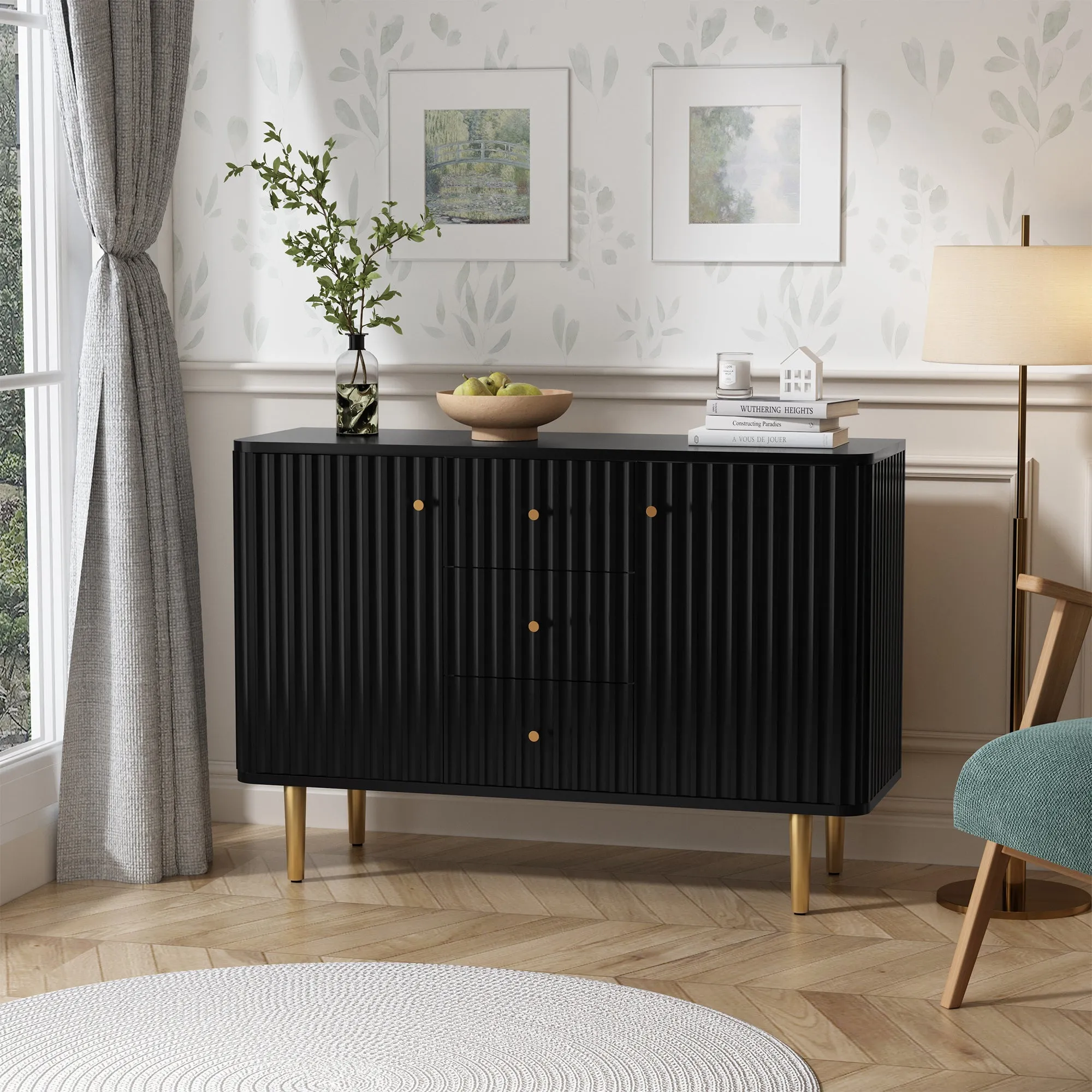 HLR Black Modern Fluted Accent Sideboard Buffet with Drawers & Storage Cabinet  Stylish Organizer for Entryway, Kitchen & Living Room