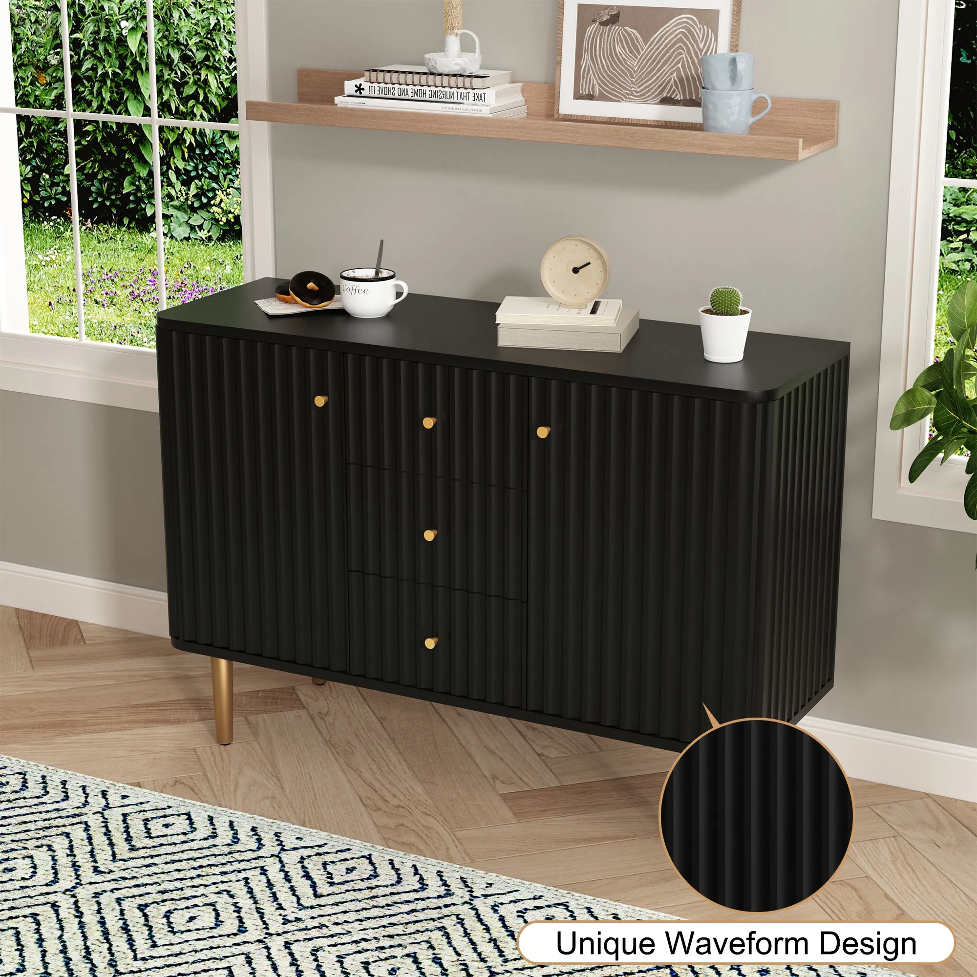 HLR Black Modern Fluted Accent Sideboard Buffet with Drawers & Storage Cabinet  Stylish Organizer for Entryway, Kitchen & Living Room
