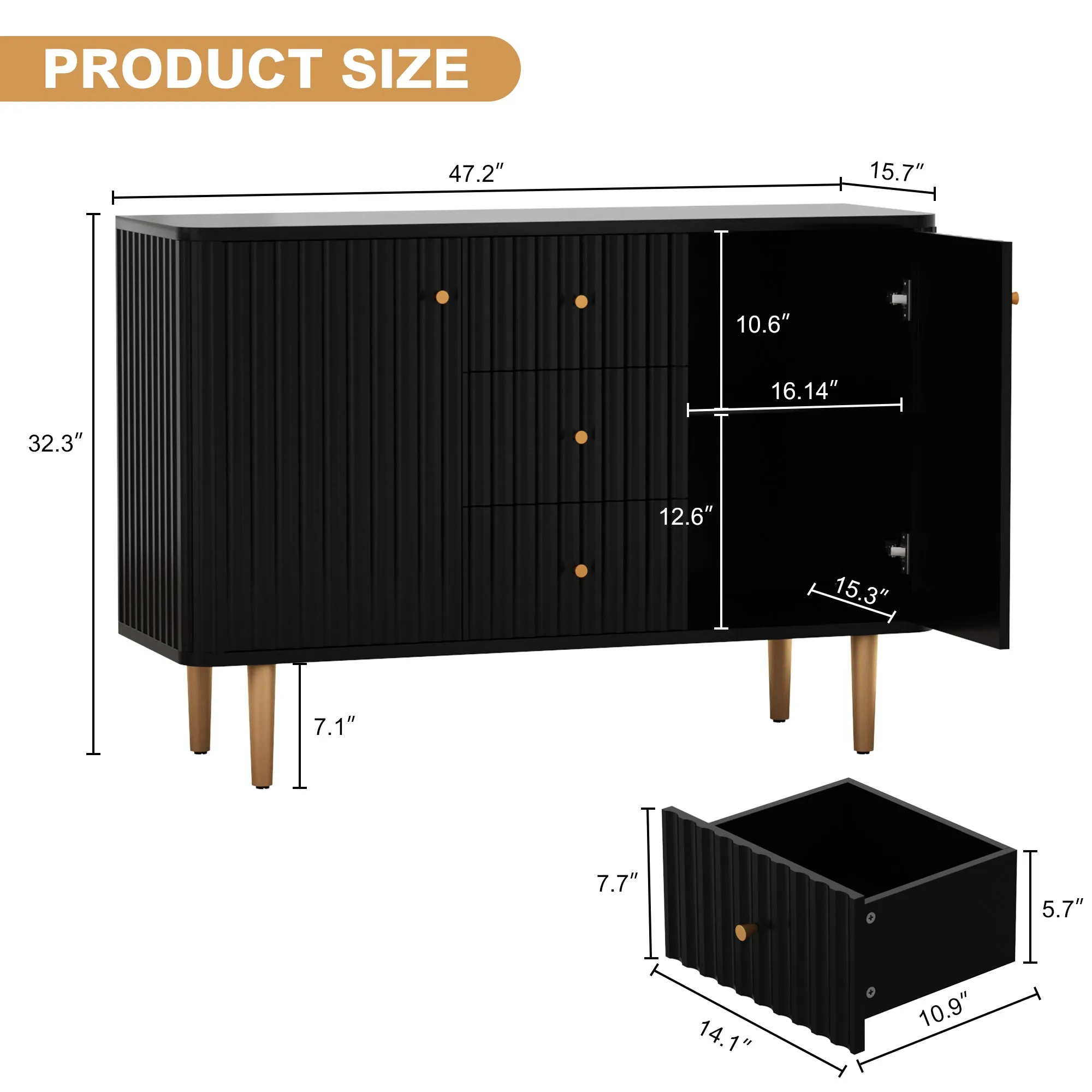 HLR Black Modern Fluted Accent Sideboard Buffet with Drawers & Storage Cabinet  Stylish Organizer for Entryway, Kitchen & Living Room