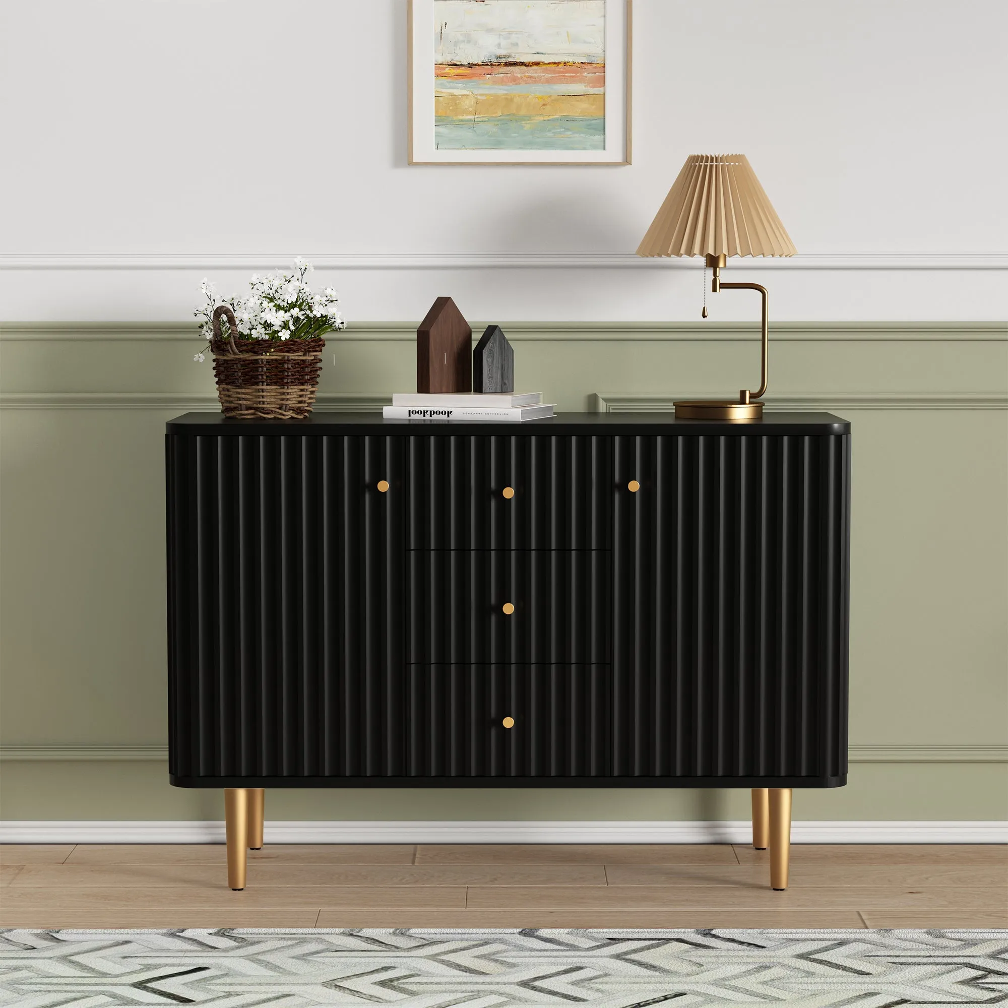 HLR Black Modern Fluted Accent Sideboard Buffet with Drawers & Storage Cabinet  Stylish Organizer for Entryway, Kitchen & Living Room