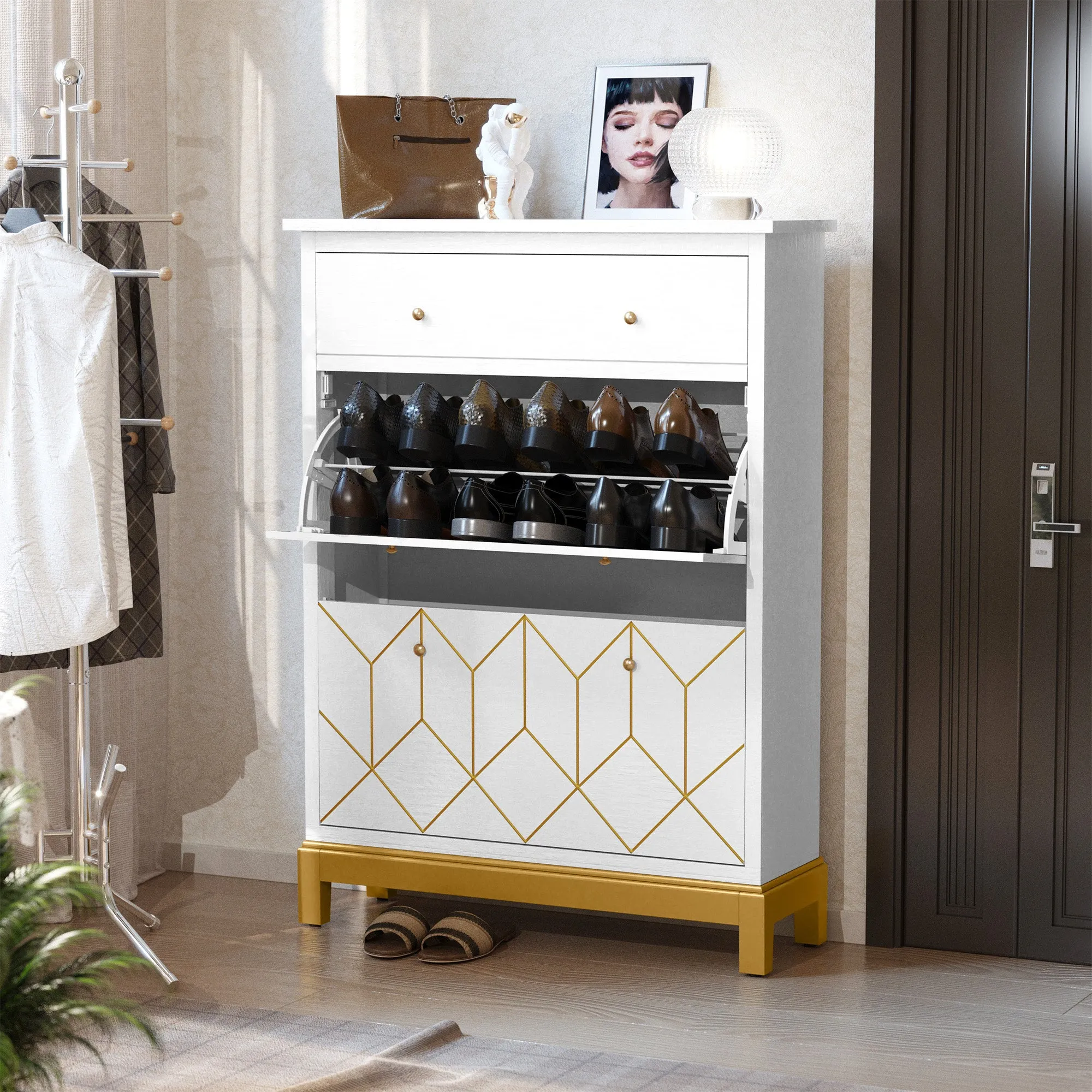 HLR Green Space-Saving Hidden Shoe Cabinet 2 Flip-Doors & 1 Drawer  Compact Storage for Entryway, Living Room & Front Door
