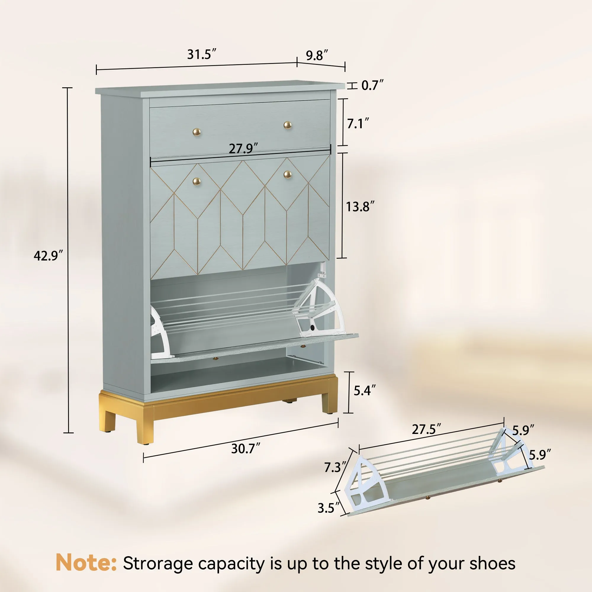 HLR Green Space-Saving Hidden Shoe Cabinet 2 Flip-Doors & 1 Drawer  Compact Storage for Entryway, Living Room & Front Door