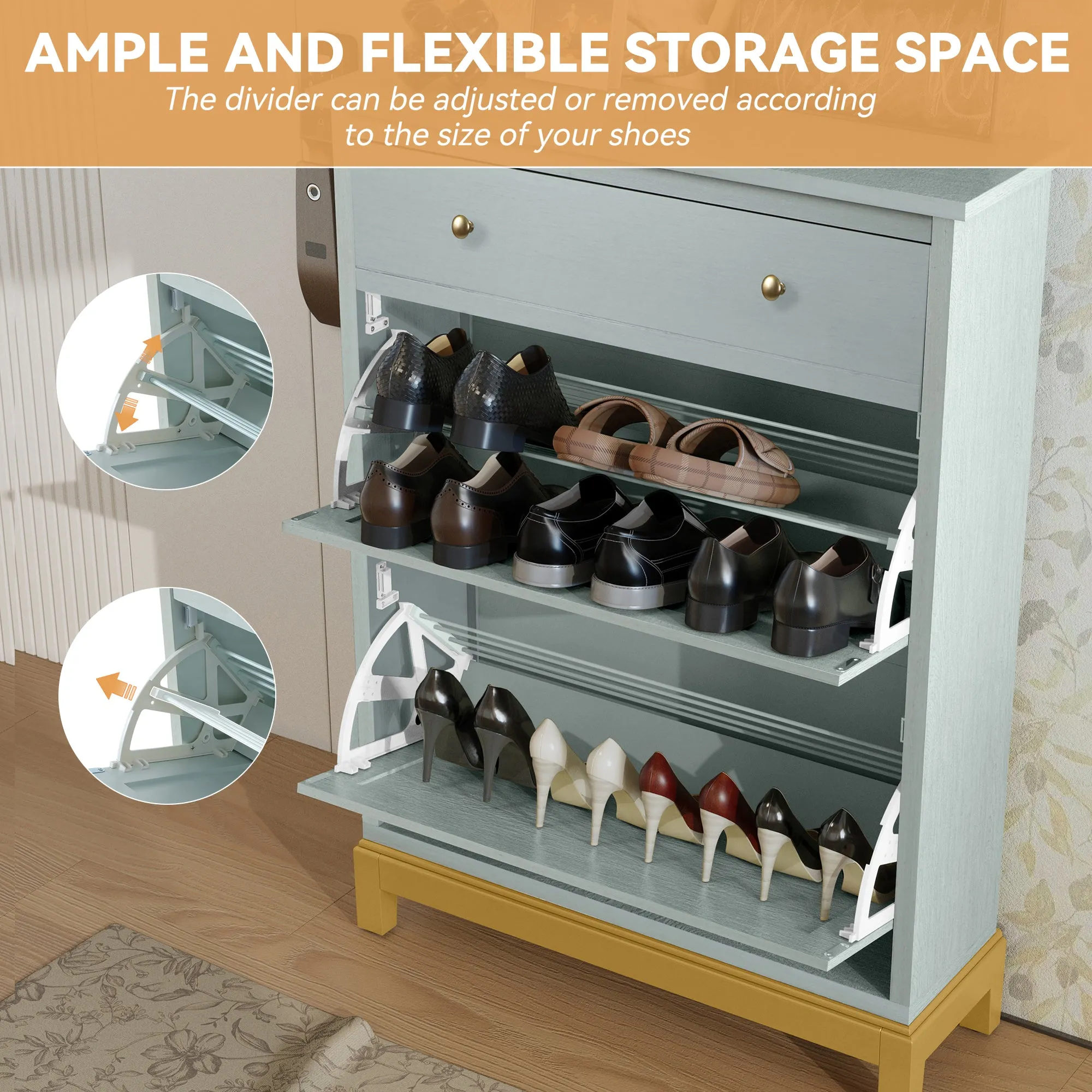 HLR Green Space-Saving Hidden Shoe Cabinet 2 Flip-Doors & 1 Drawer  Compact Storage for Entryway, Living Room & Front Door