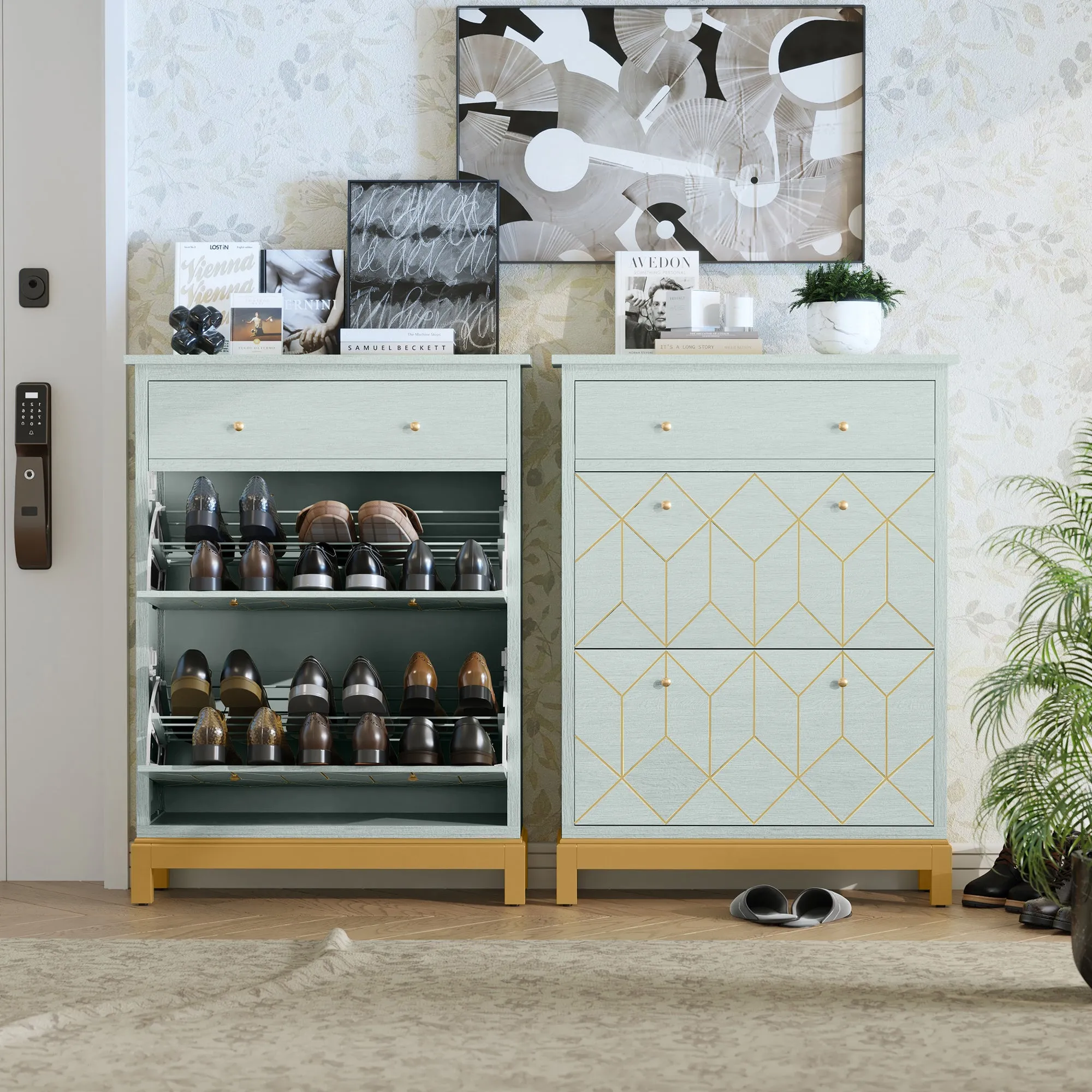HLR Green Space-Saving Hidden Shoe Cabinet 2 Flip-Doors & 1 Drawer  Compact Storage for Entryway, Living Room & Front Door