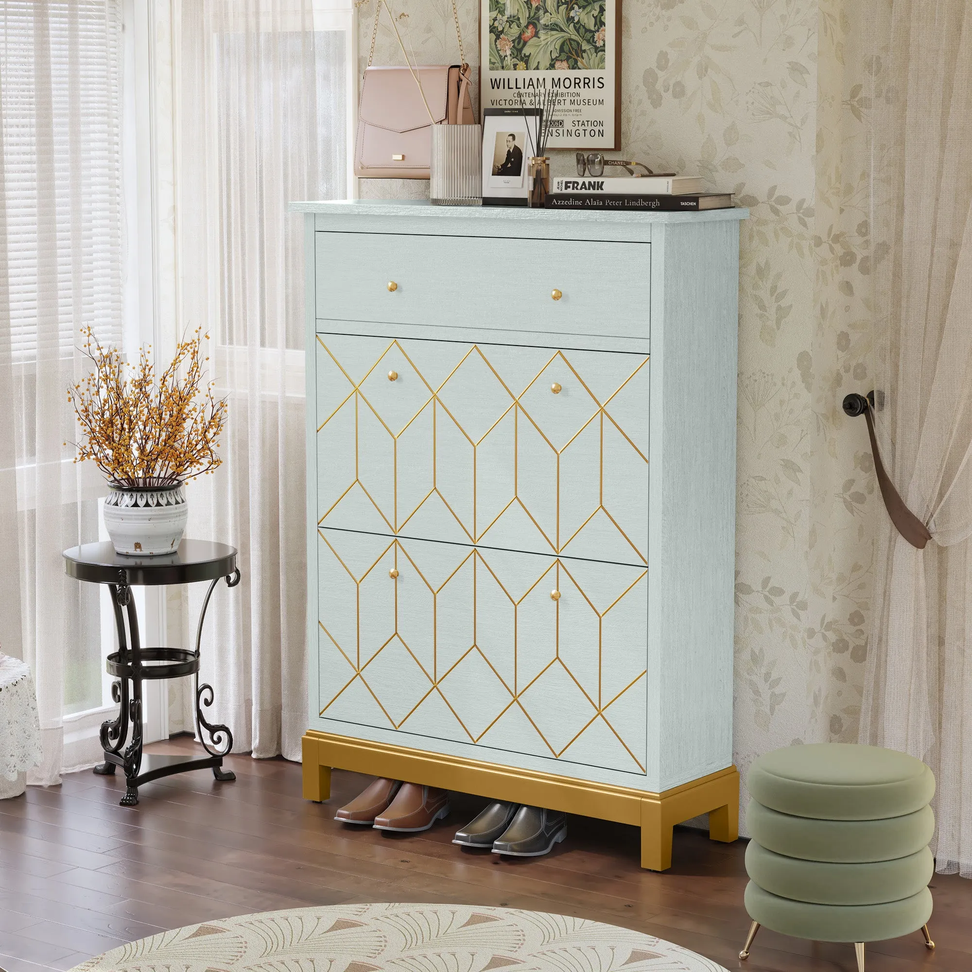 HLR Green Space-Saving Hidden Shoe Cabinet 2 Flip-Doors & 1 Drawer  Compact Storage for Entryway, Living Room & Front Door