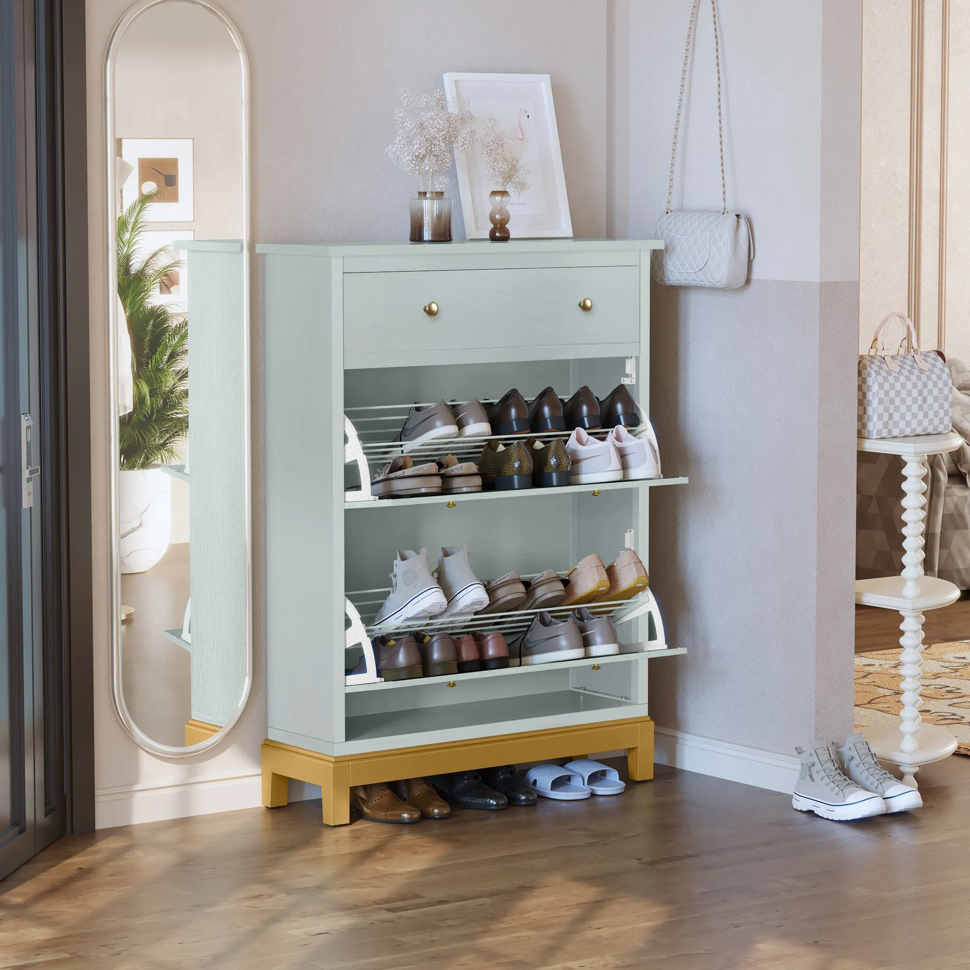 HLR Green Space-Saving Hidden Shoe Cabinet 2 Flip-Doors & 1 Drawer  Compact Storage for Entryway, Living Room & Front Door