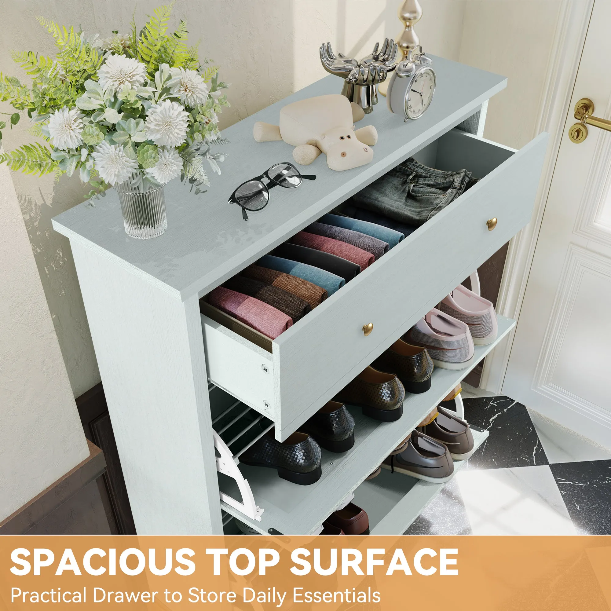 HLR Green Space-Saving Hidden Shoe Cabinet 2 Flip-Doors & 1 Drawer  Compact Storage for Entryway, Living Room & Front Door