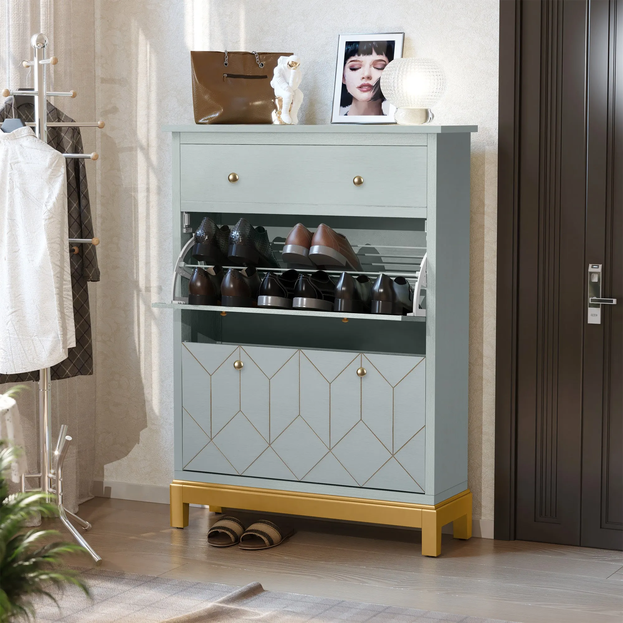 HLR Green Space-Saving Hidden Shoe Cabinet 2 Flip-Doors & 1 Drawer  Compact Storage for Entryway, Living Room & Front Door