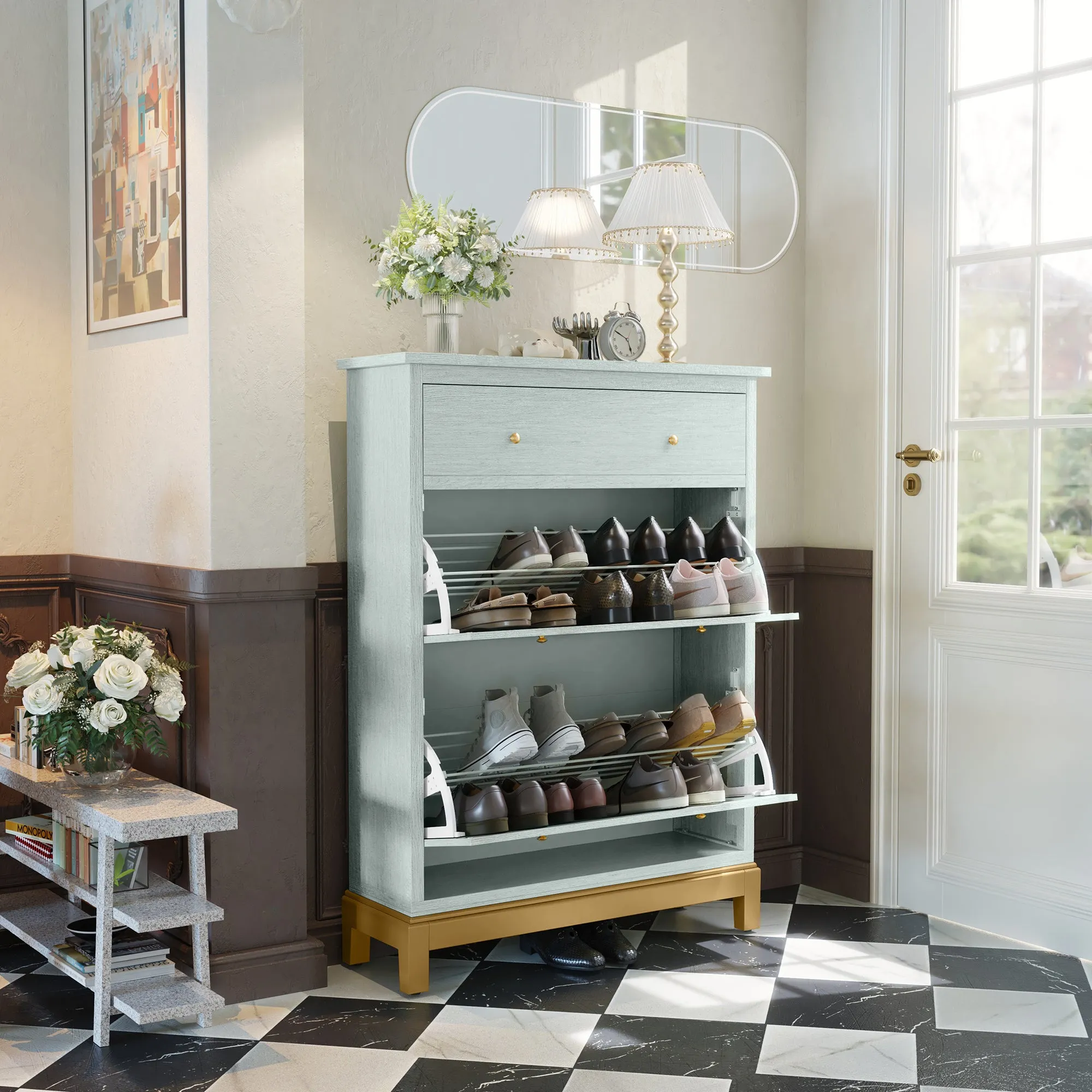 HLR Green Space-Saving Hidden Shoe Cabinet 2 Flip-Doors & 1 Drawer  Compact Storage for Entryway, Living Room & Front Door